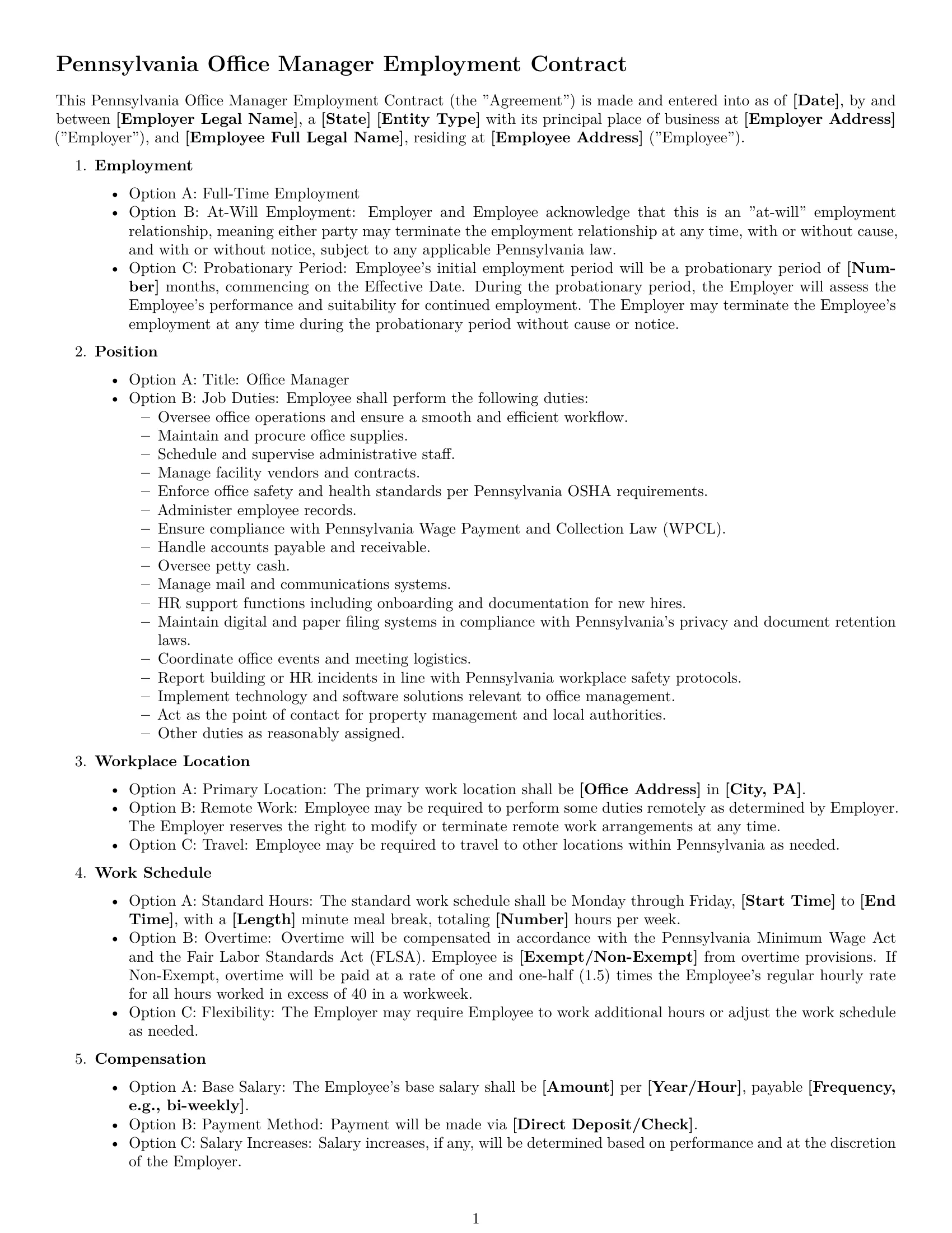 Preview page 1 of Free Pennsylvania office manager employment contract template