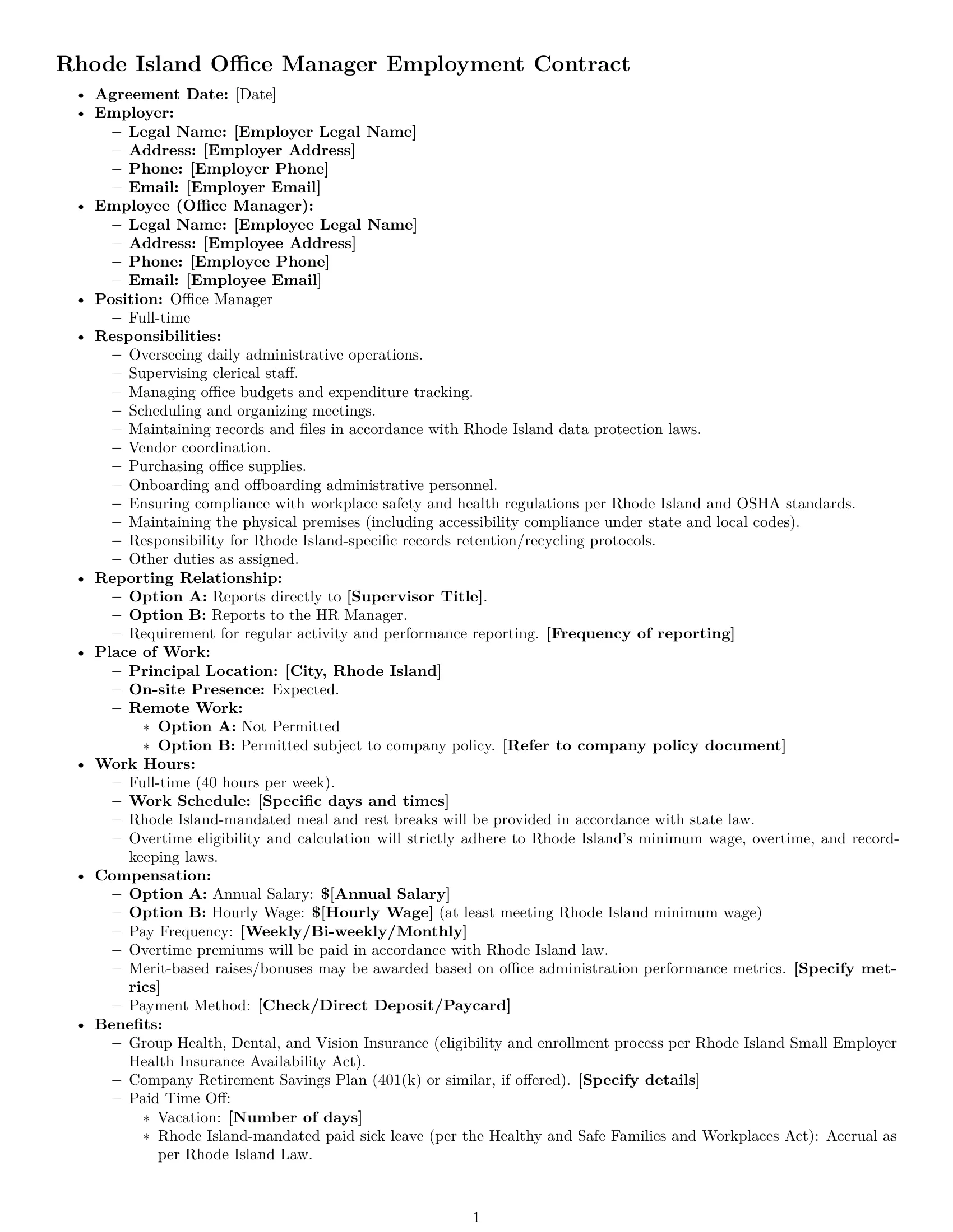 Preview page 1 of Free Rhode Island office manager employment contract template