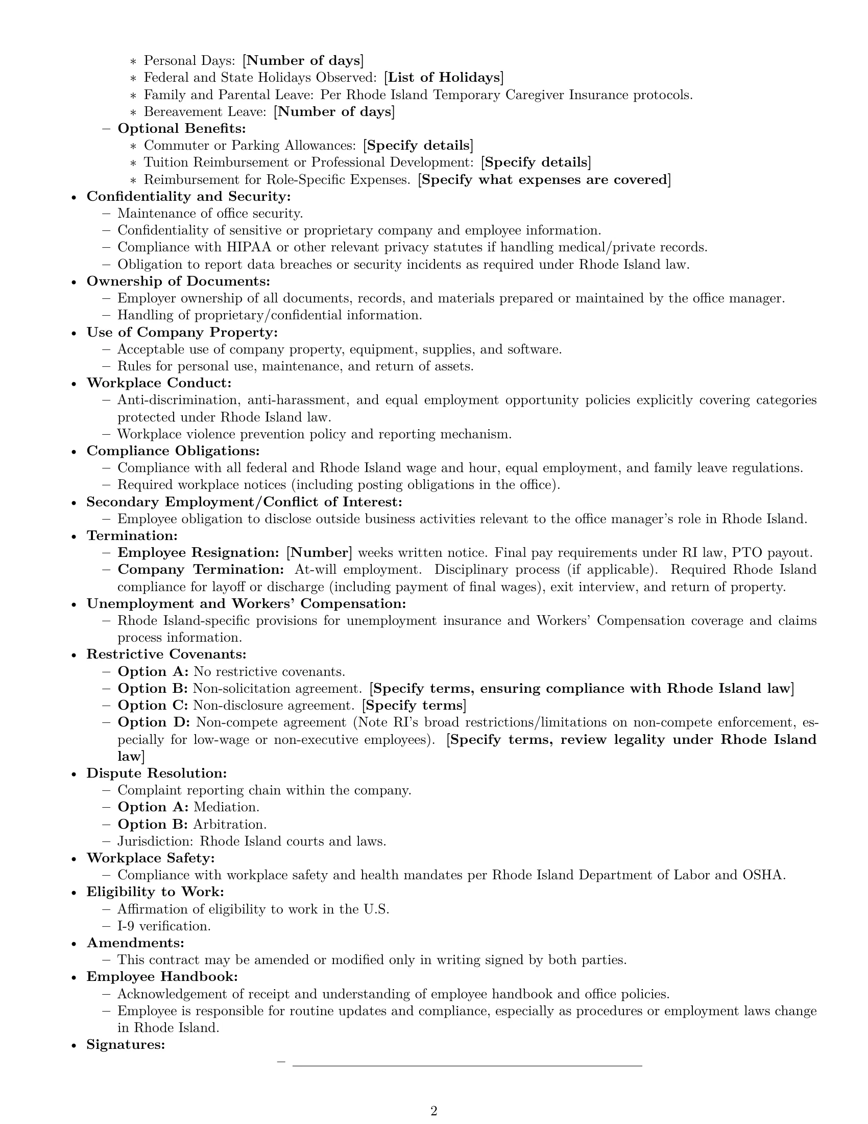 Preview page 2 of Free Rhode Island office manager employment contract template