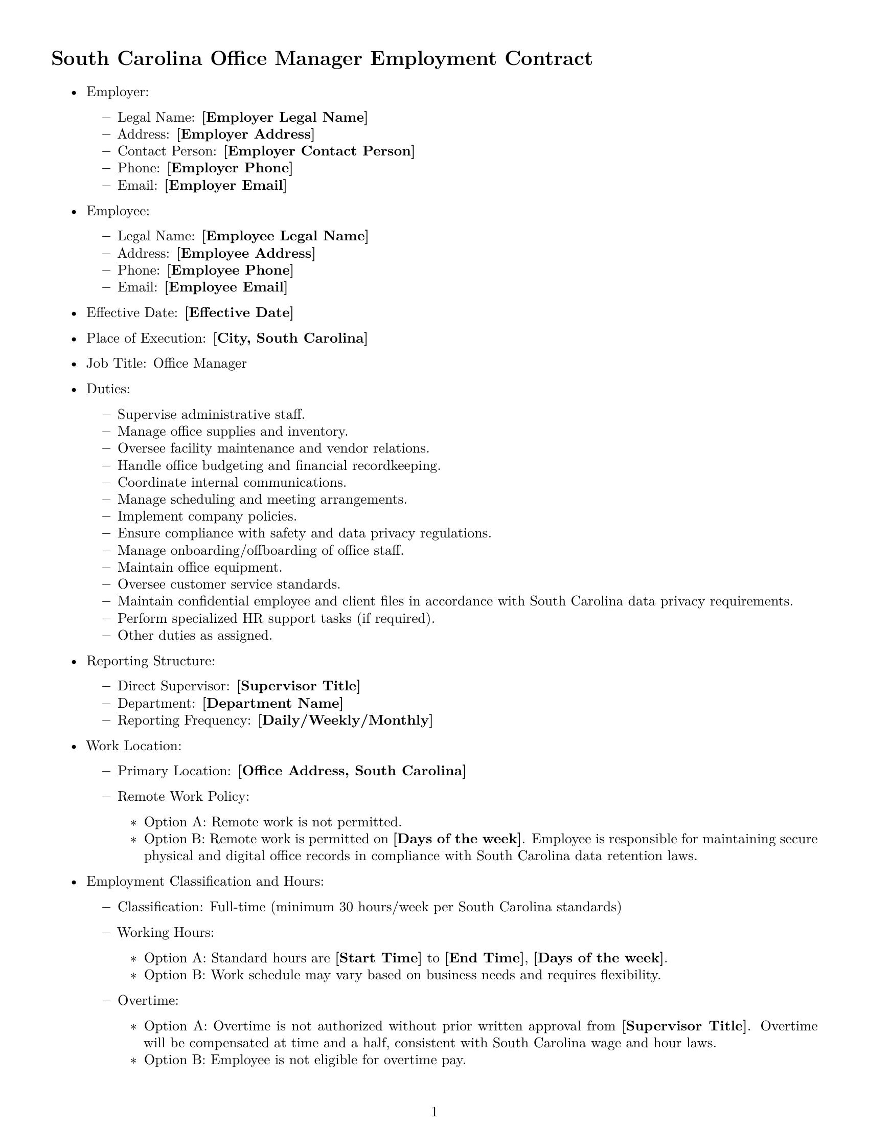 Preview page 1 of Free South Carolina office manager employment contract template
