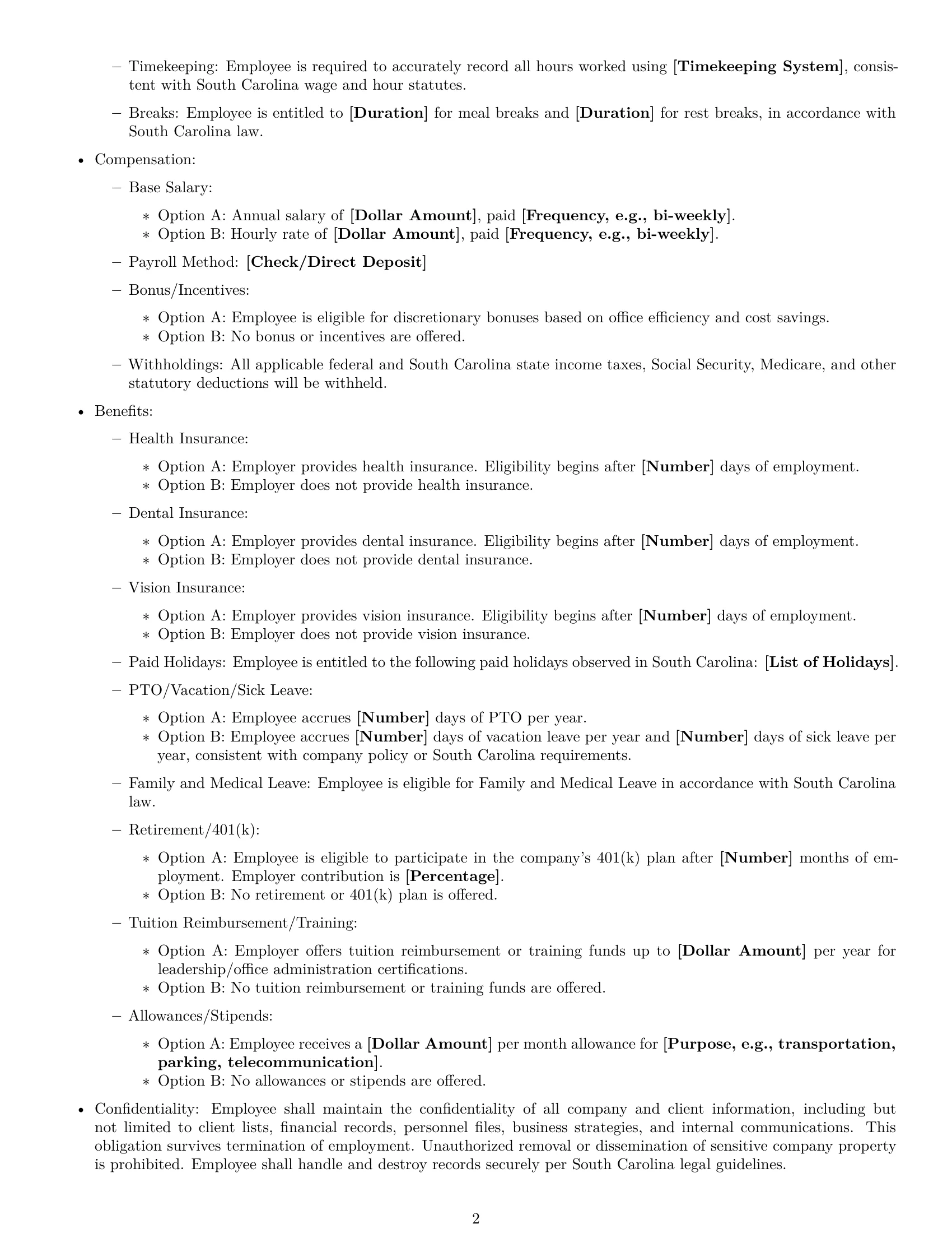 Preview page 2 of Free South Carolina office manager employment contract template