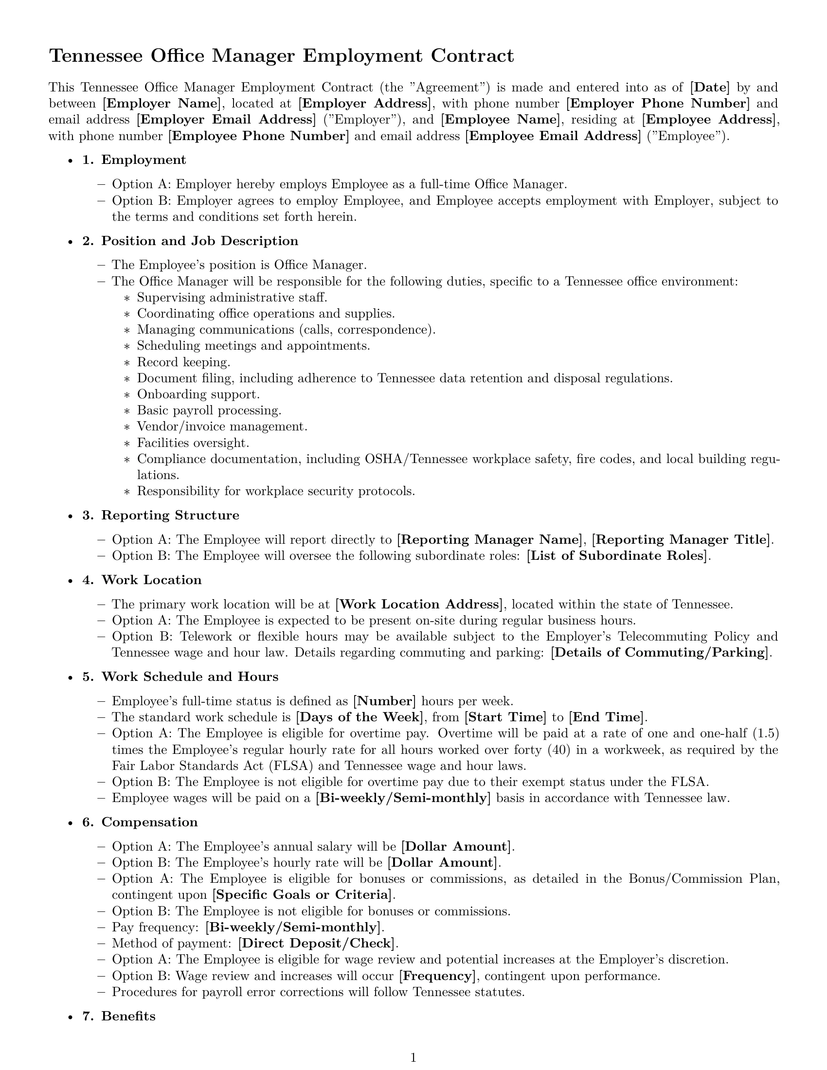 Preview page 1 of Free Tennessee office manager employment contract template