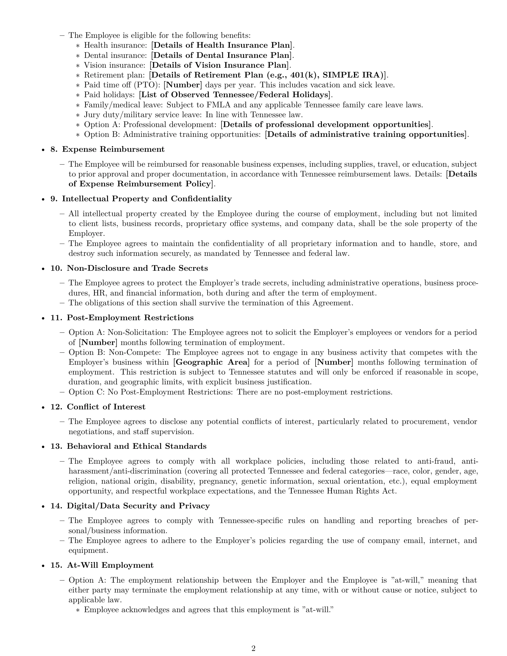 Preview page 2 of Free Tennessee office manager employment contract template