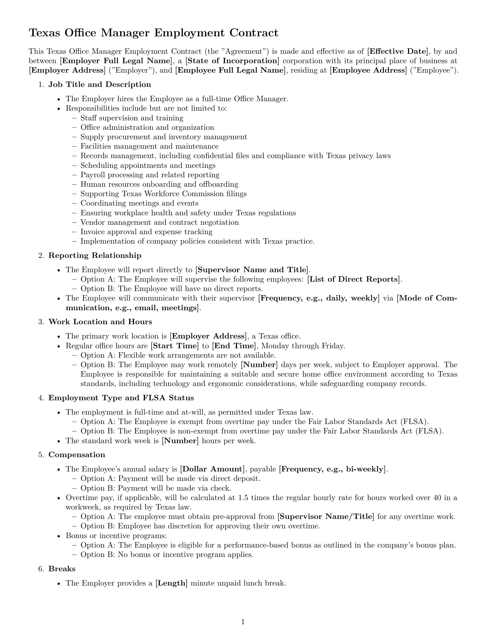 Preview page 1 of Free Texas office manager employment contract template