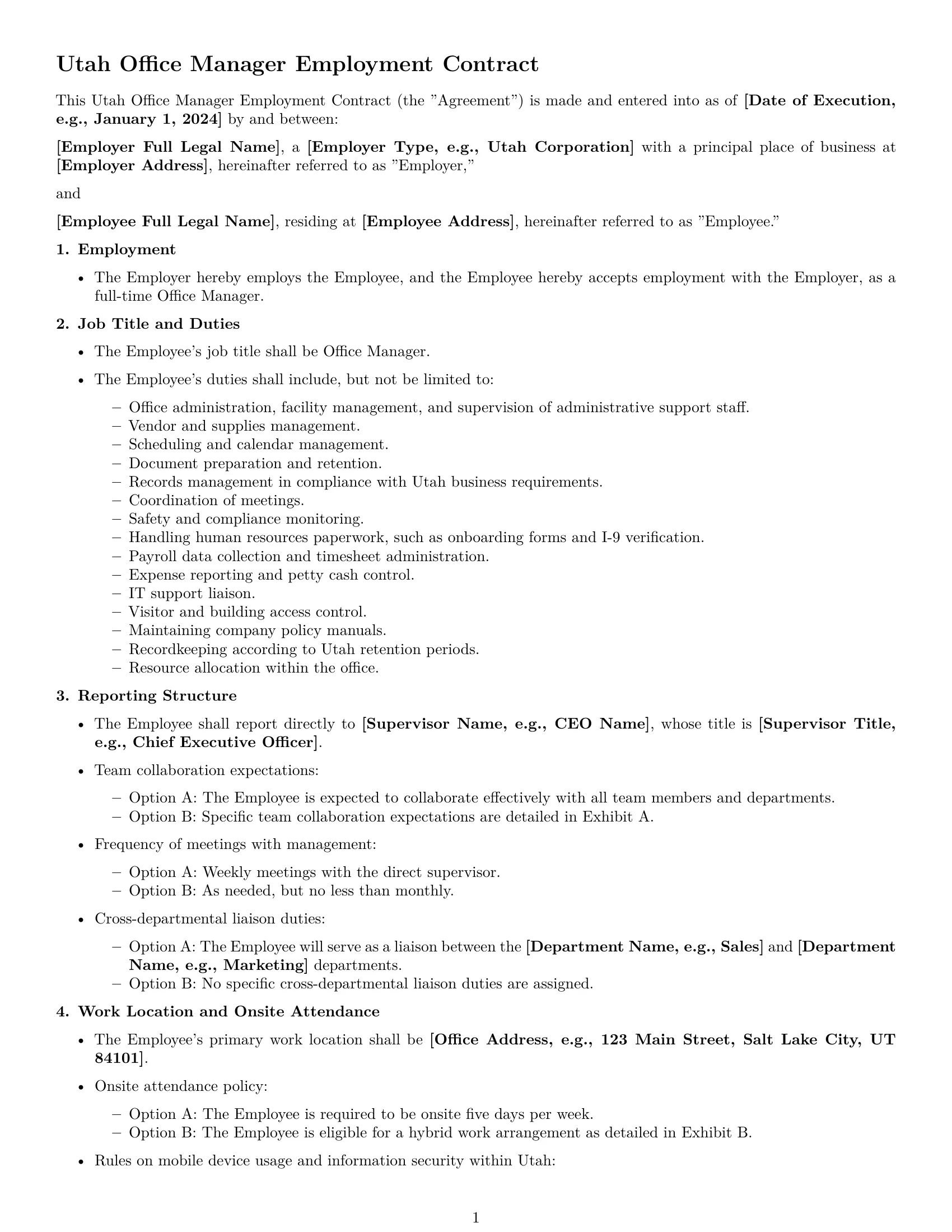 Preview page 1 of Free Utah office manager employment contract template