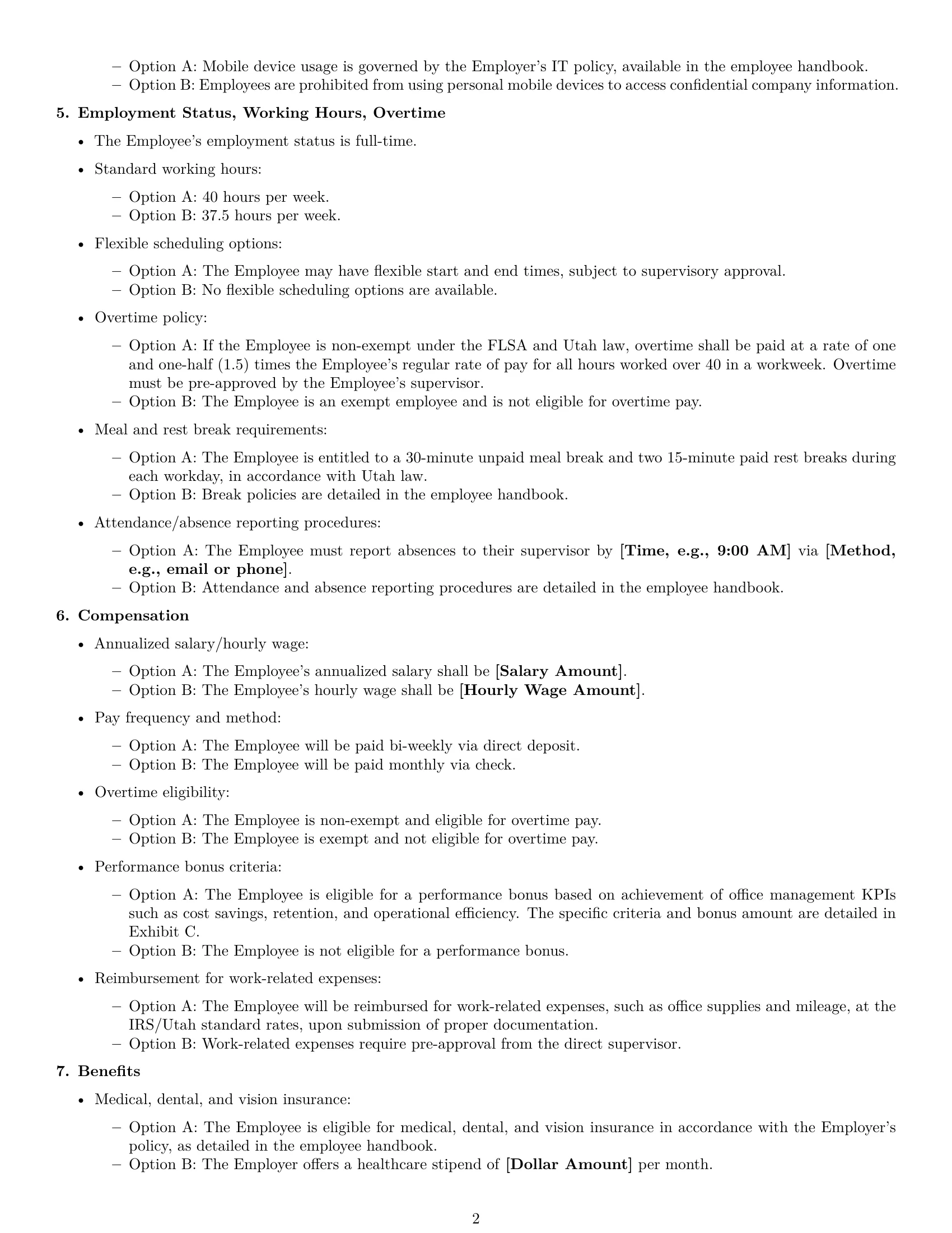 Preview page 2 of Free Utah office manager employment contract template