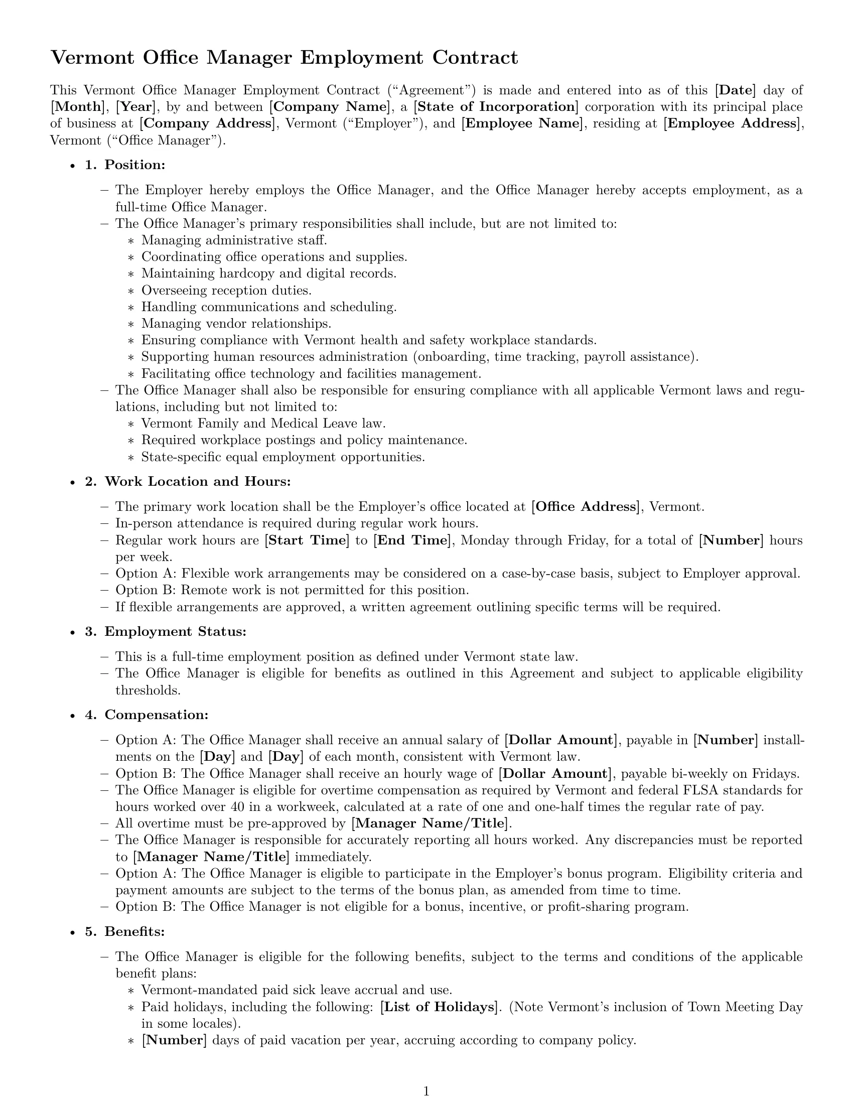 Preview page 1 of Free Vermont office manager employment contract template