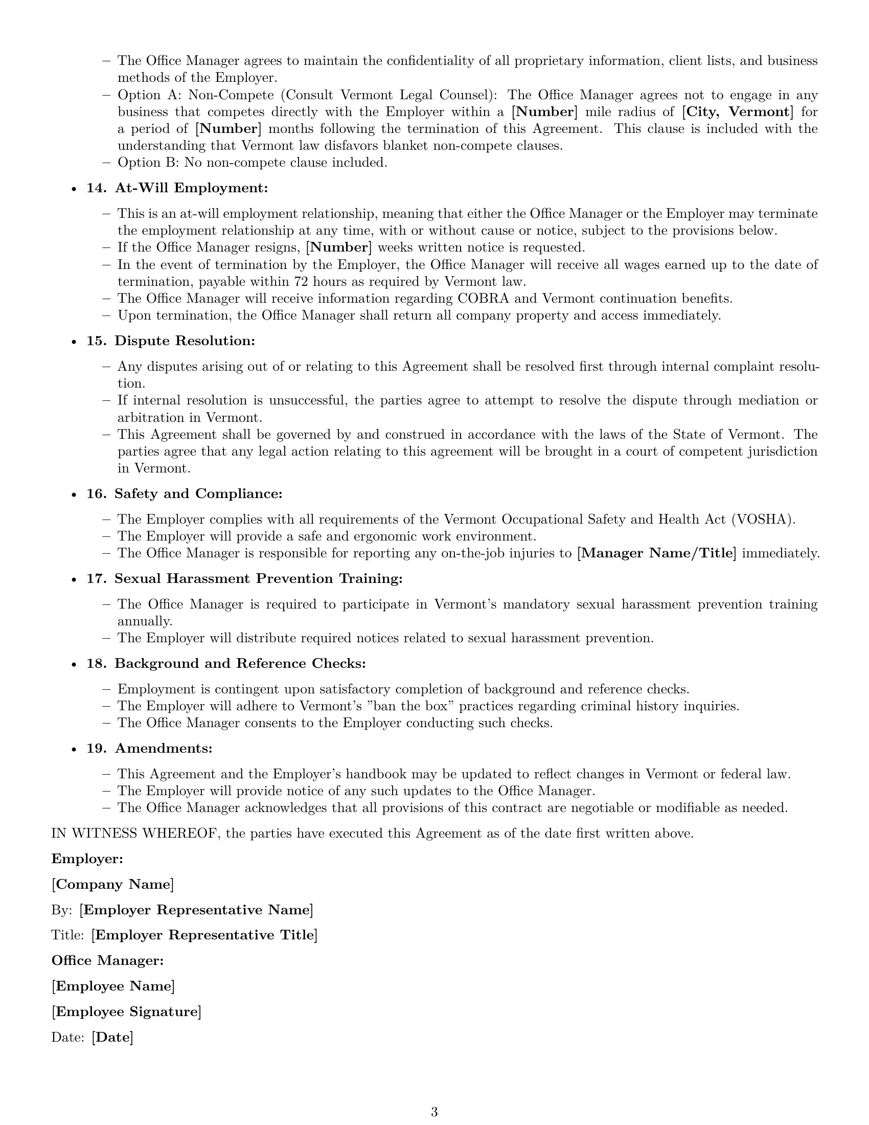 Preview page 3 of Free Vermont office manager employment contract template
