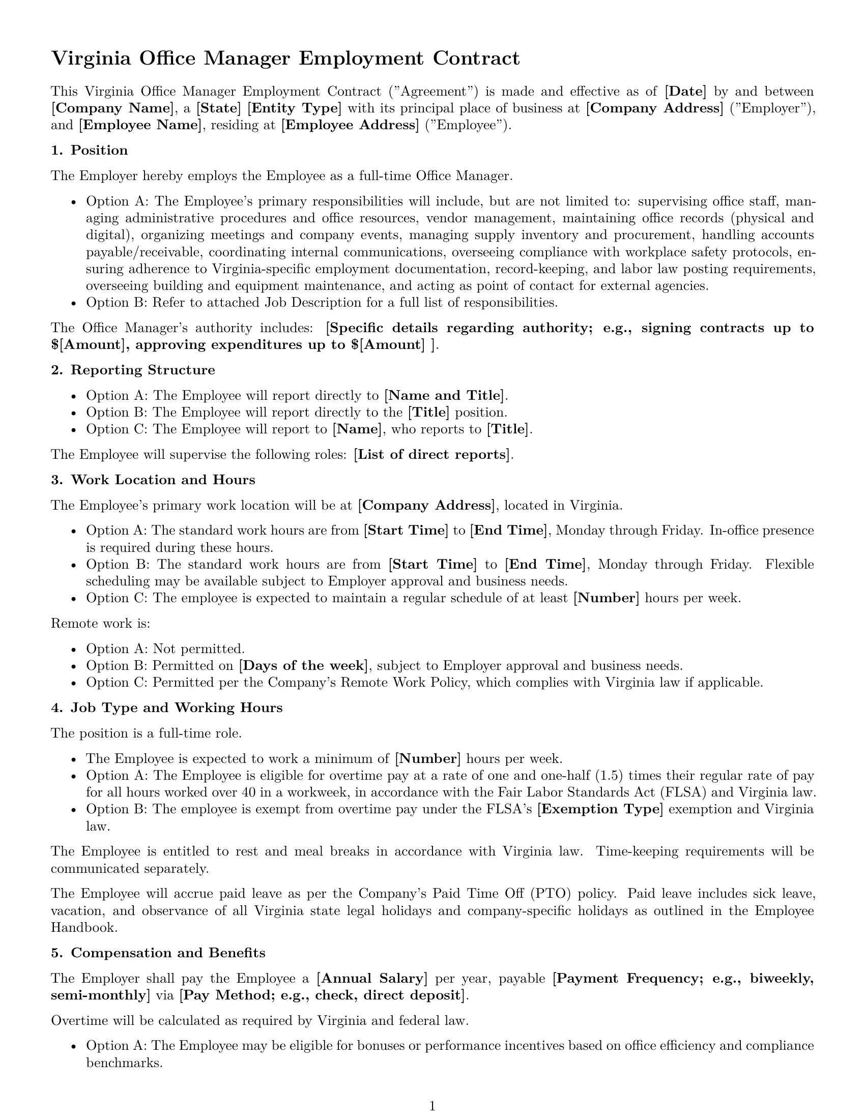 Preview page 1 of Free Virginia office manager employment contract template