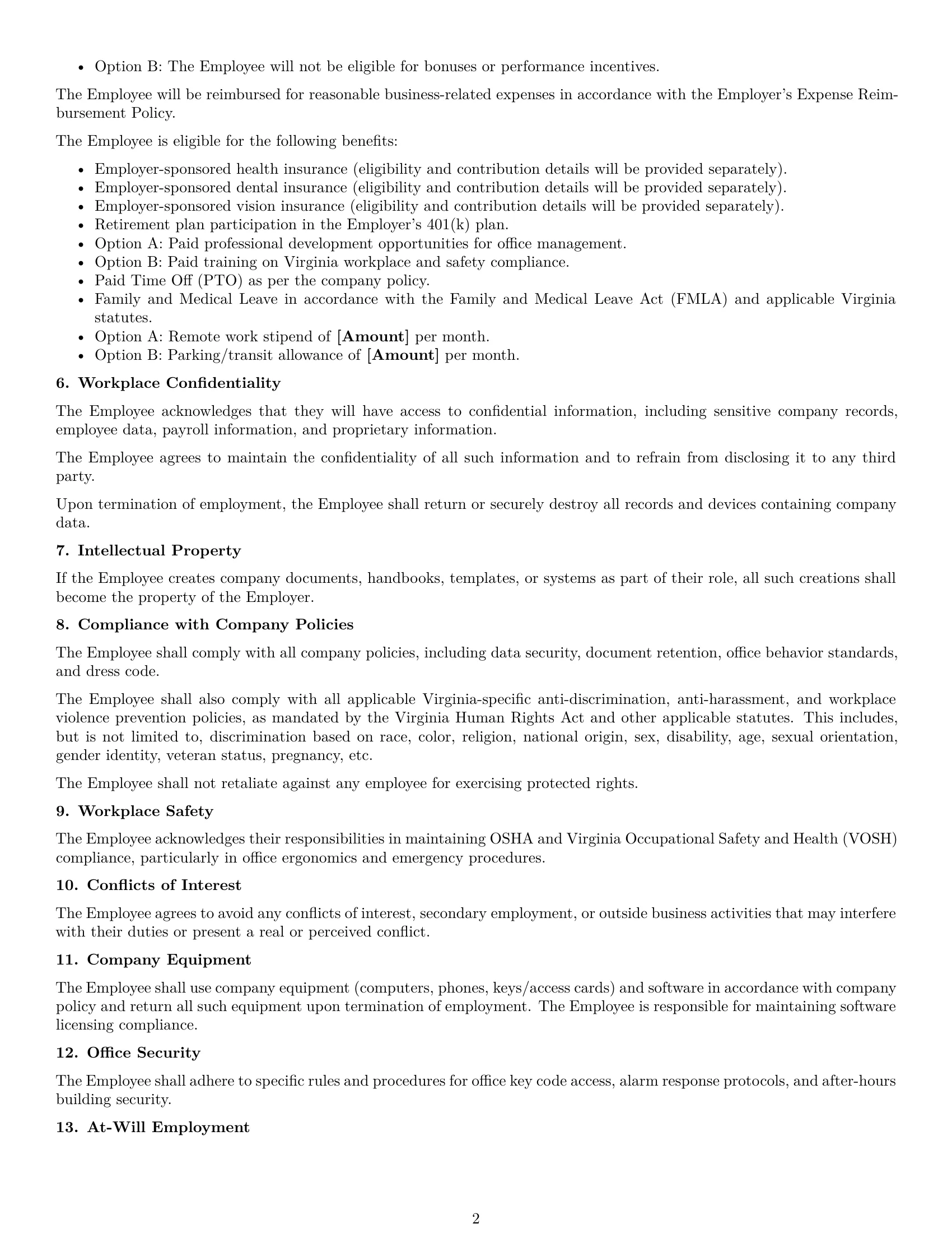 Preview page 2 of Free Virginia office manager employment contract template