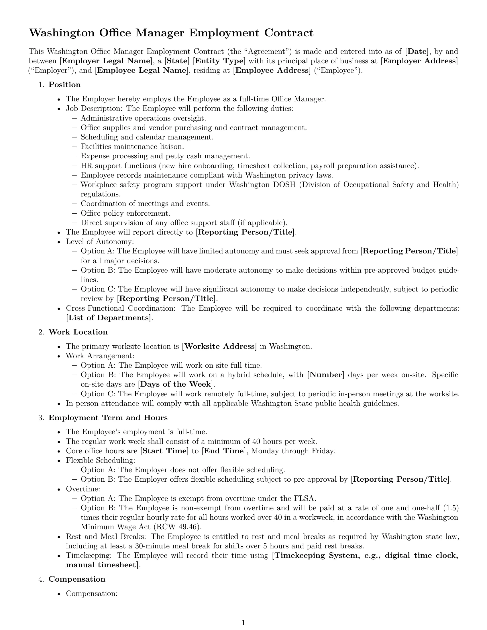 Preview page 1 of Free Washington office manager employment contract template