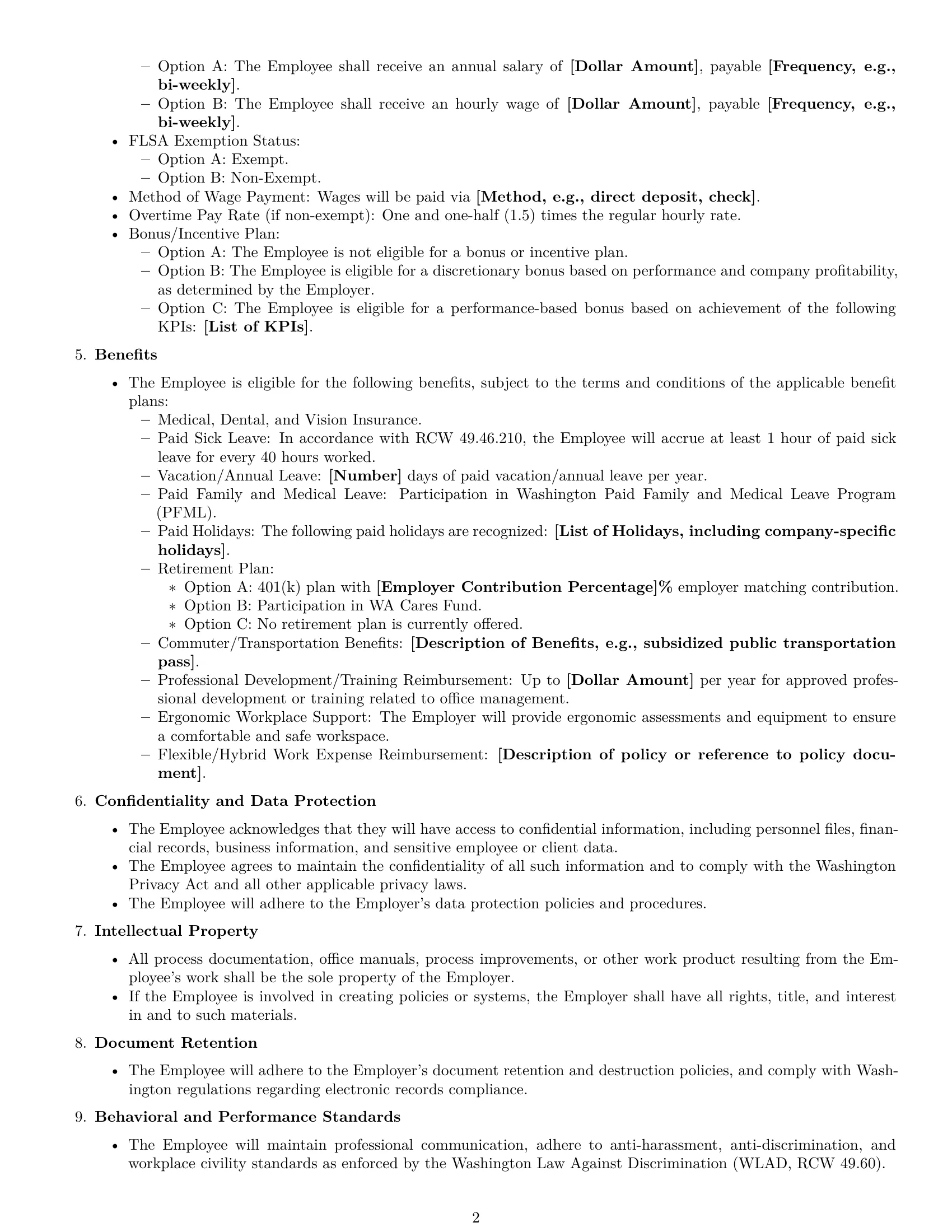 Preview page 2 of Free Washington office manager employment contract template