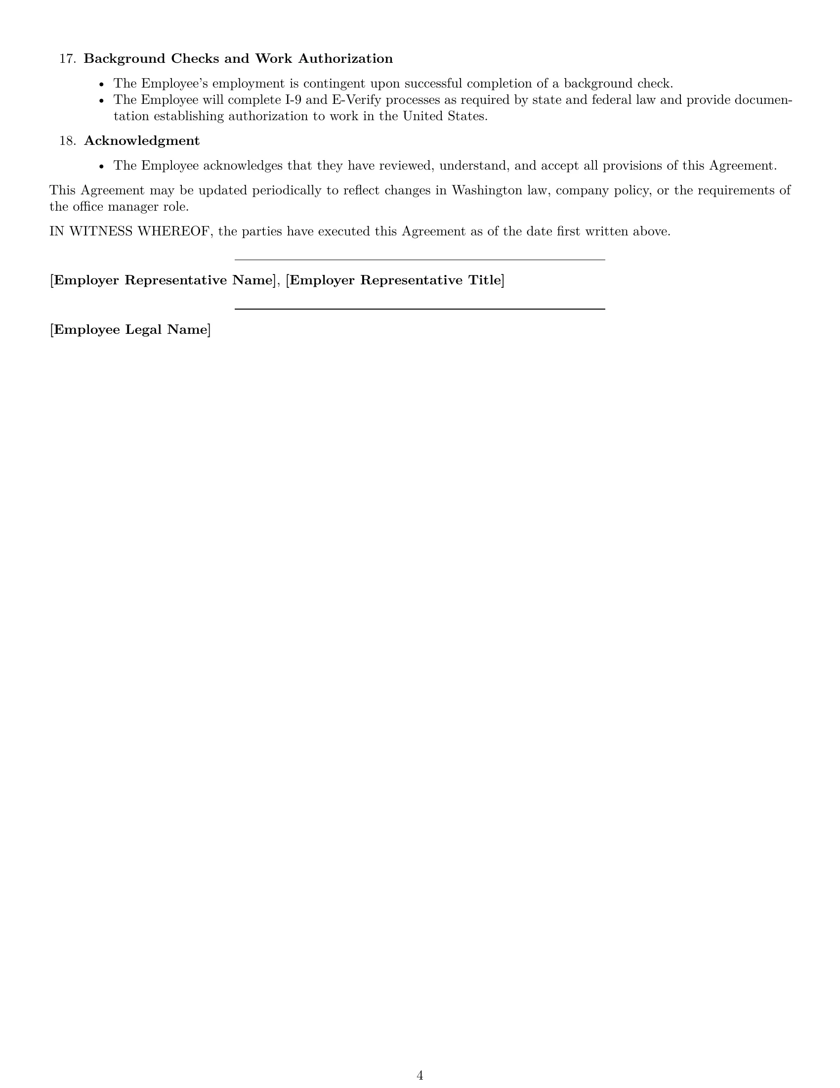 Preview page 4 of Free Washington office manager employment contract template