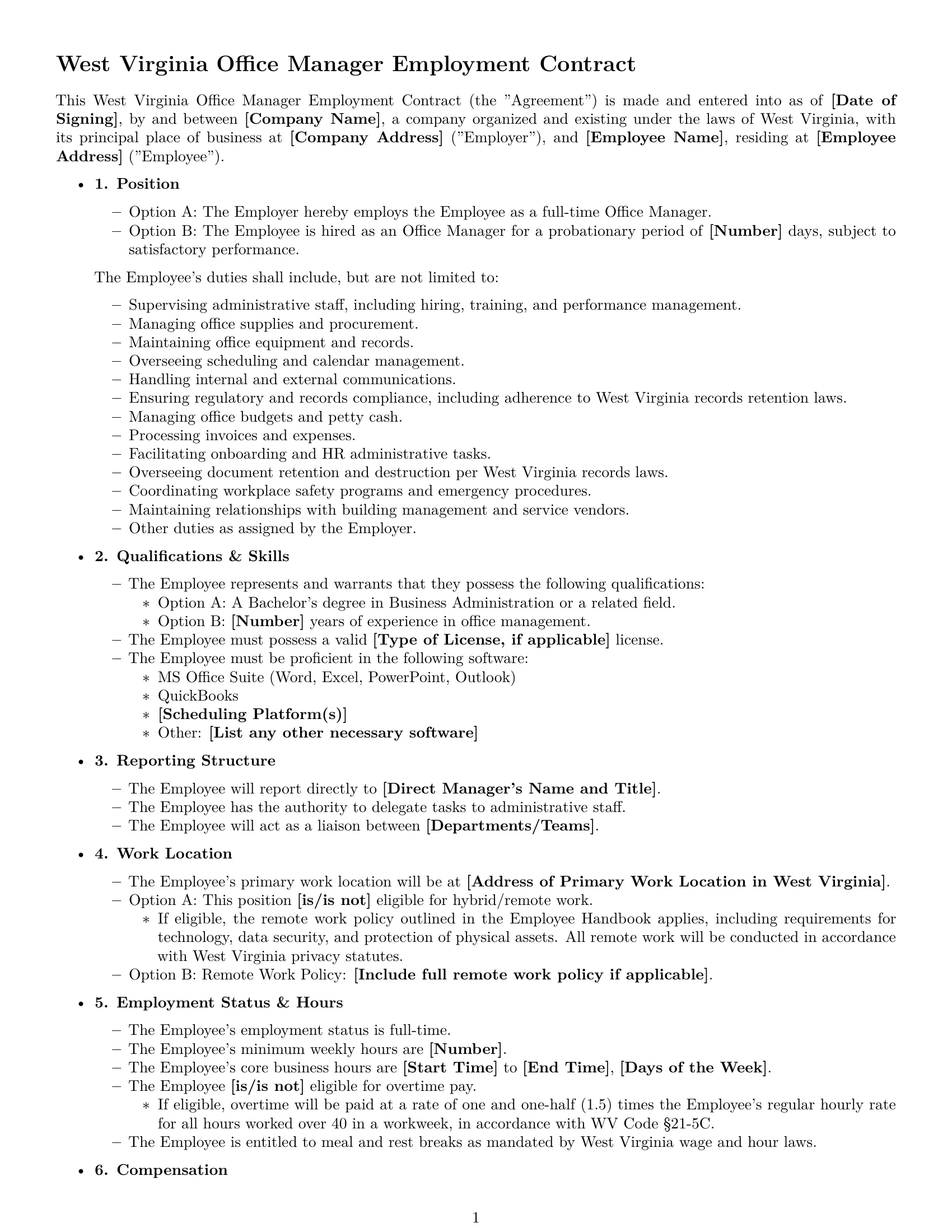 Preview page 1 of Free West Virginia office manager employment contract template