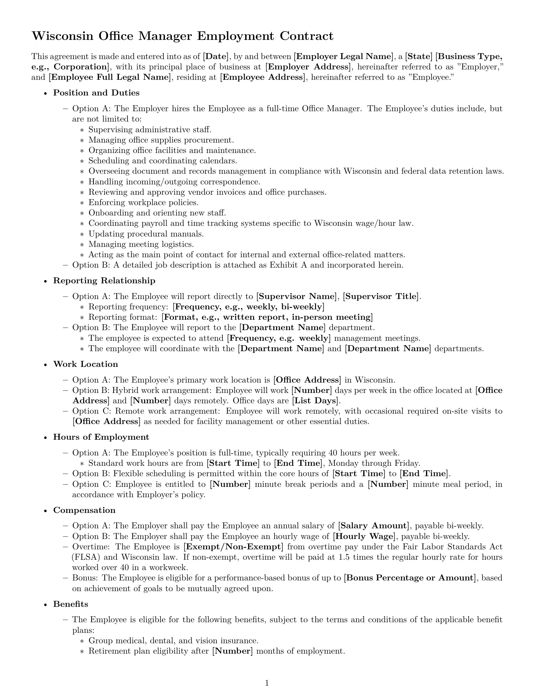 Preview page 1 of Free Wisconsin office manager employment contract template