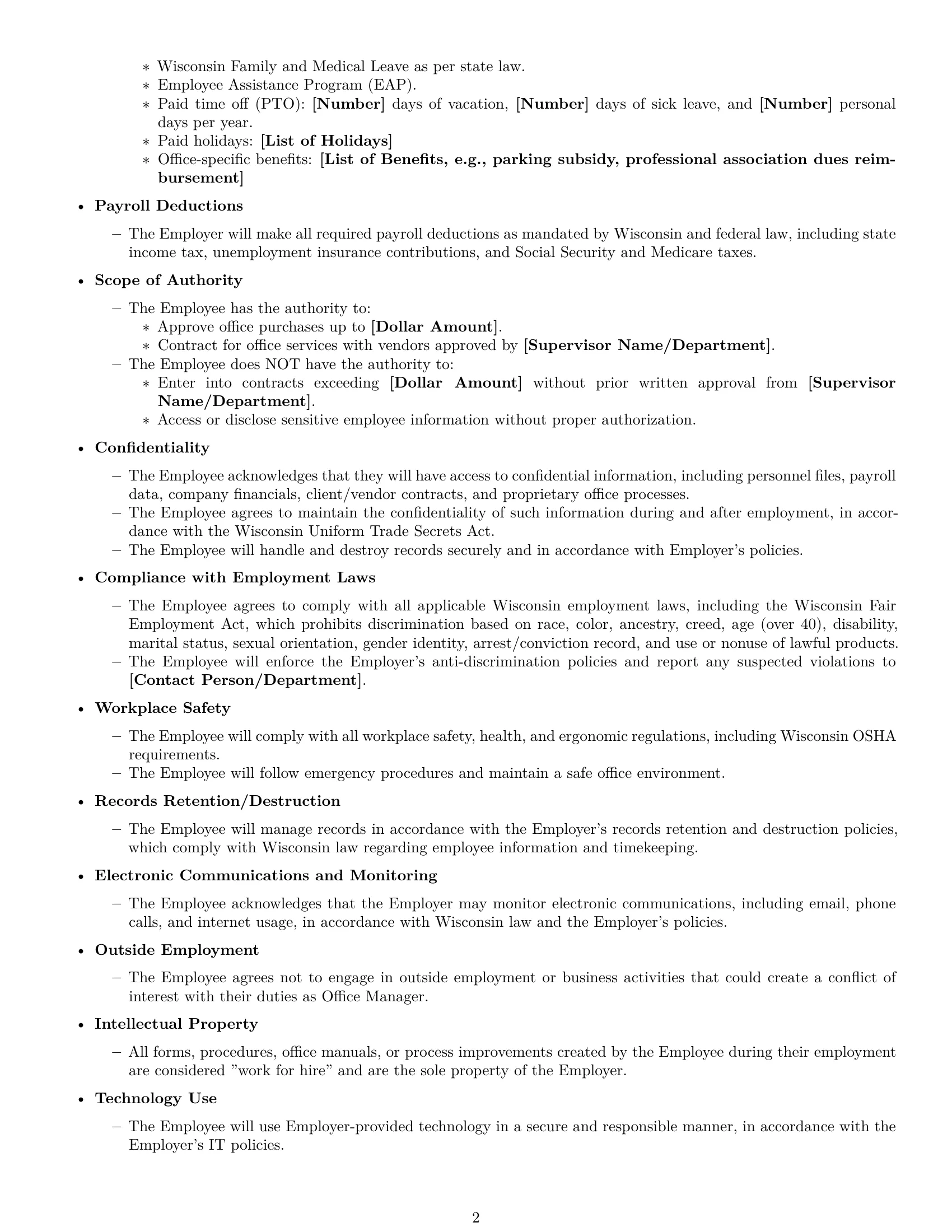 Preview page 2 of Free Wisconsin office manager employment contract template
