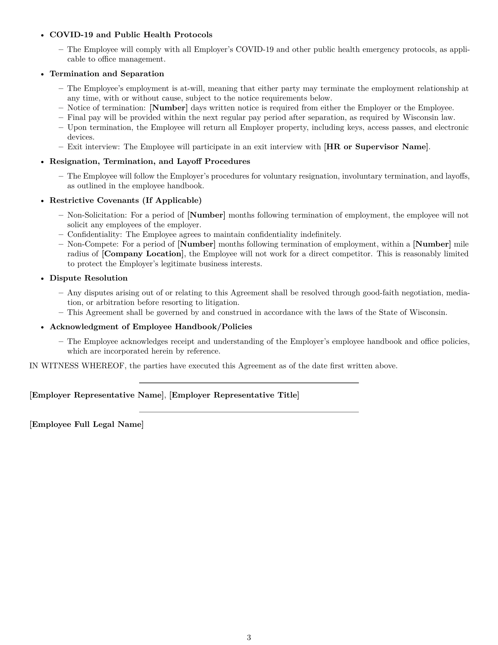 Preview page 3 of Free Wisconsin office manager employment contract template