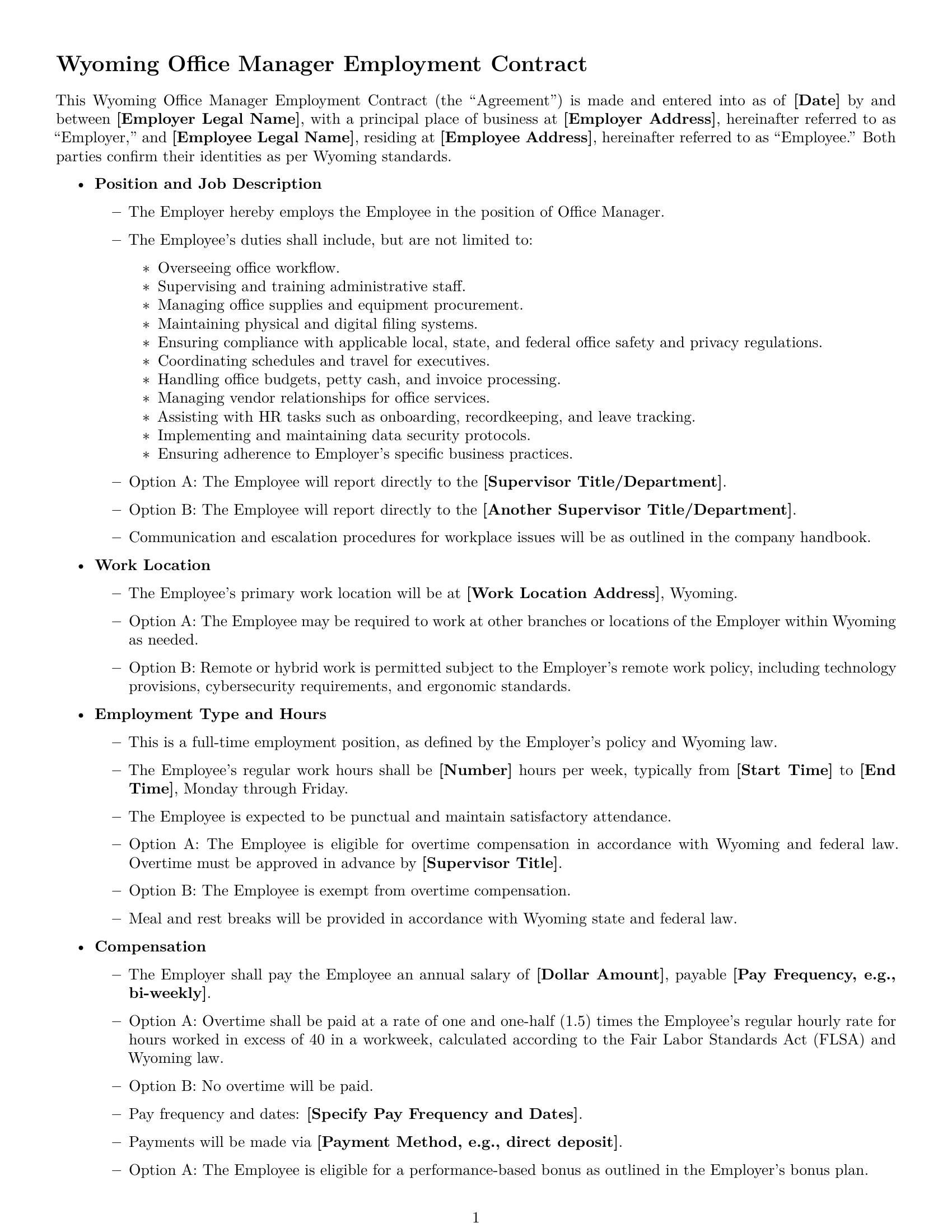 Preview page 1 of Free Wyoming office manager employment contract template