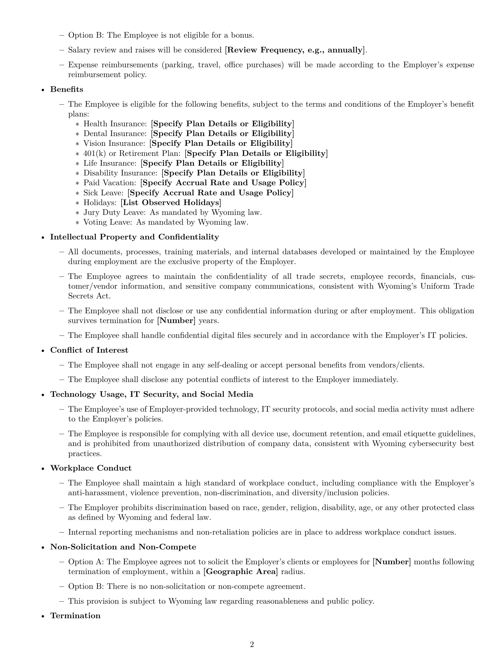 Preview page 2 of Free Wyoming office manager employment contract template