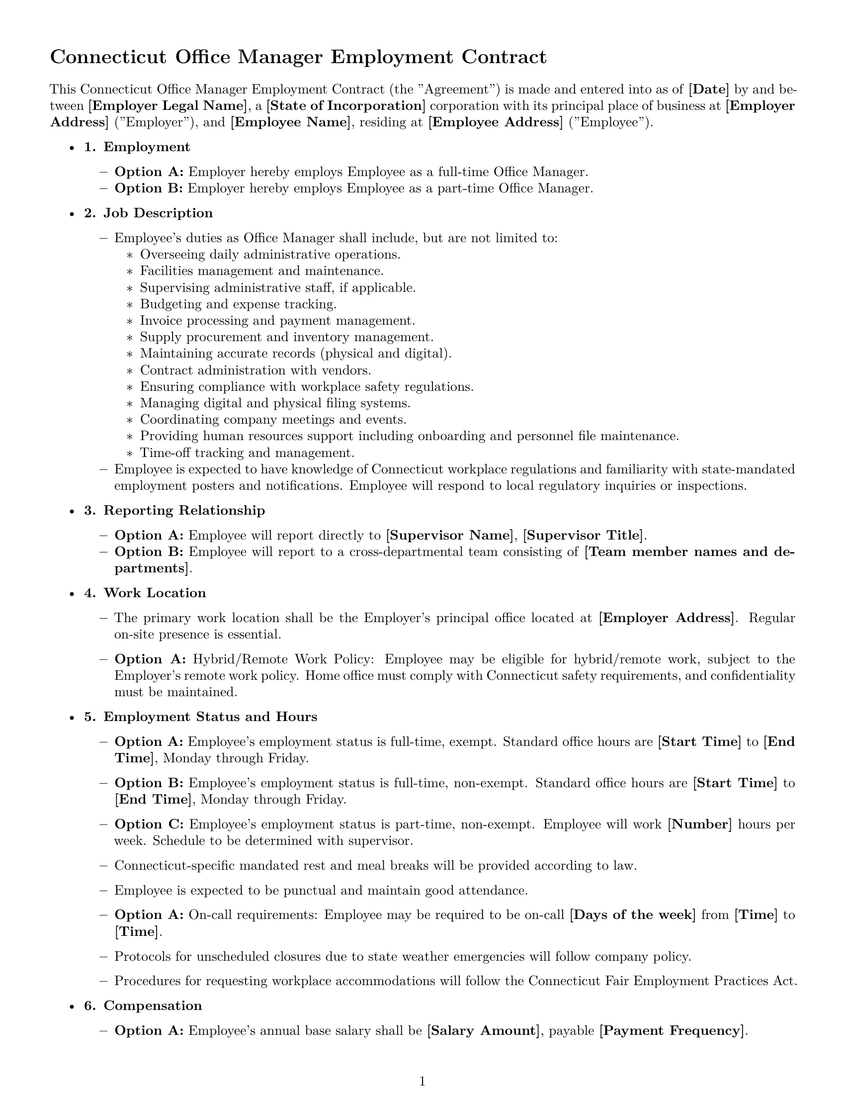 Preview page 1 of Free Connecticut office manager employment contract template