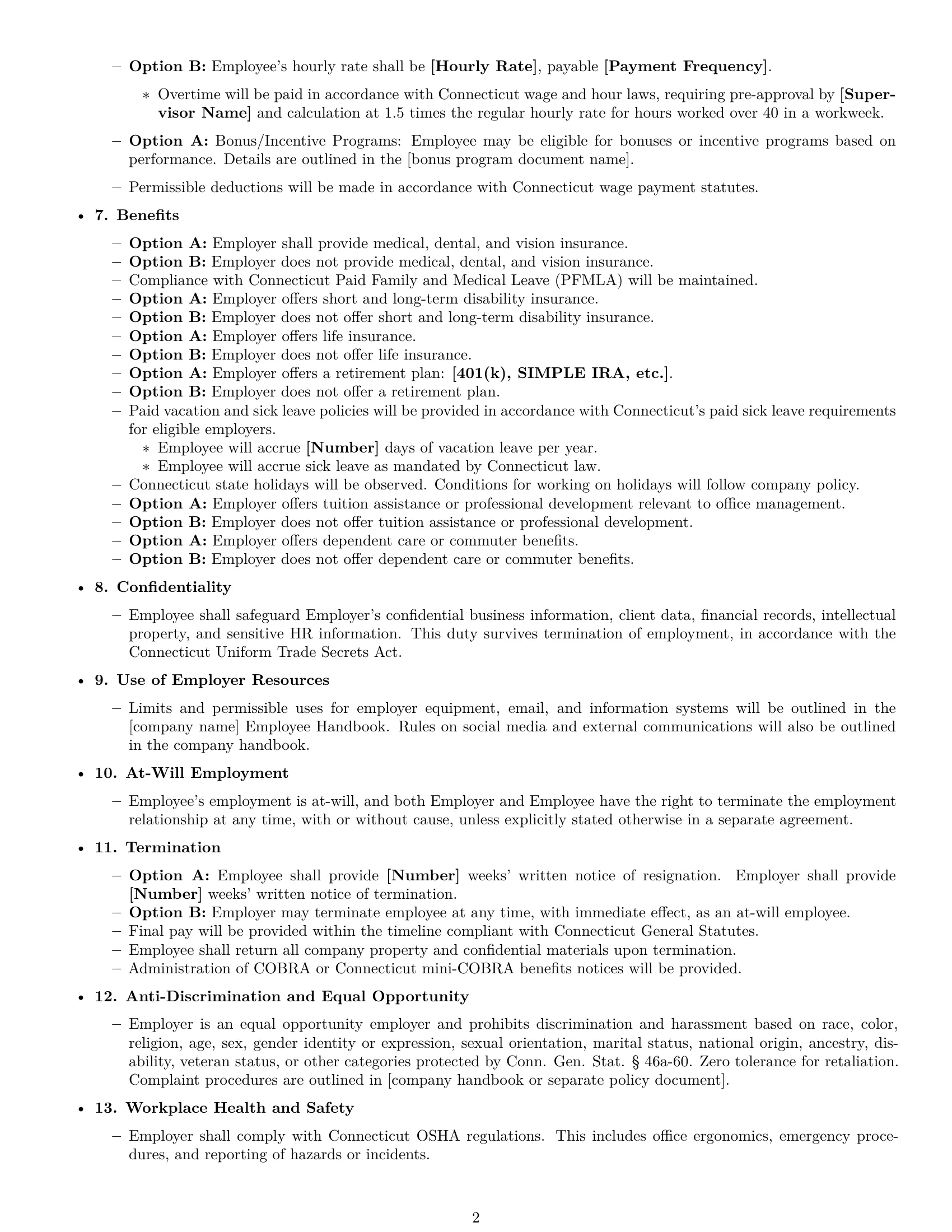Preview page 2 of Free Connecticut office manager employment contract template