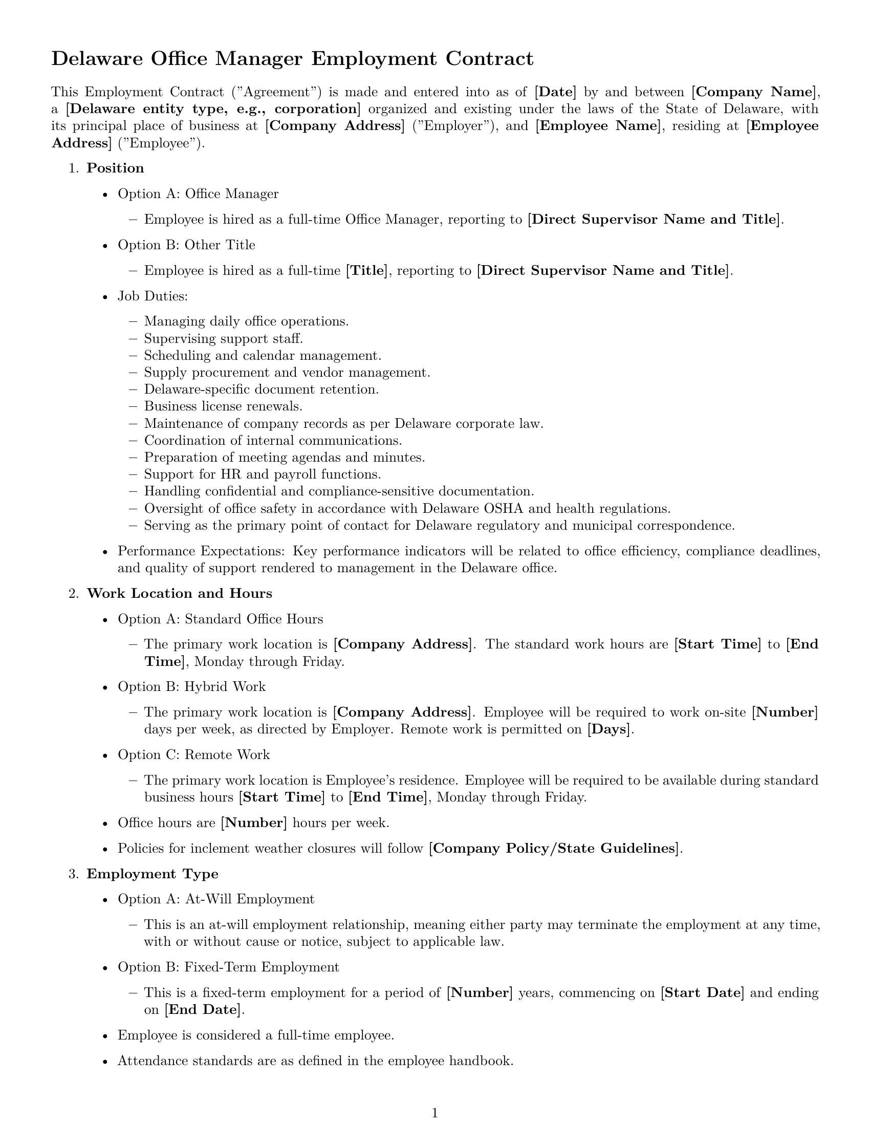 Preview page 1 of Free Delaware office manager employment contract template