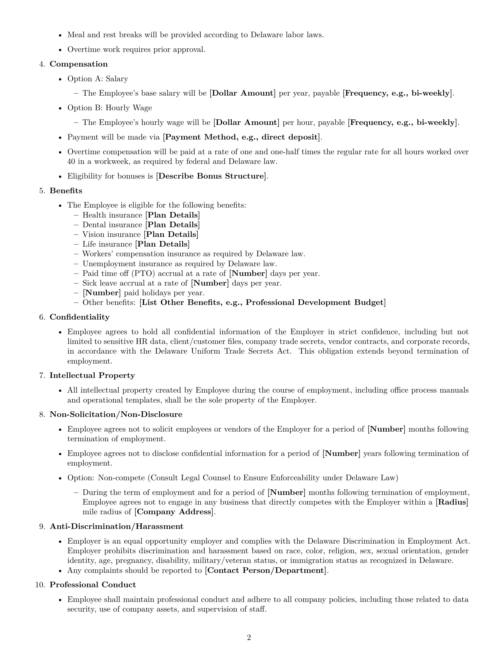 Preview page 2 of Free Delaware office manager employment contract template