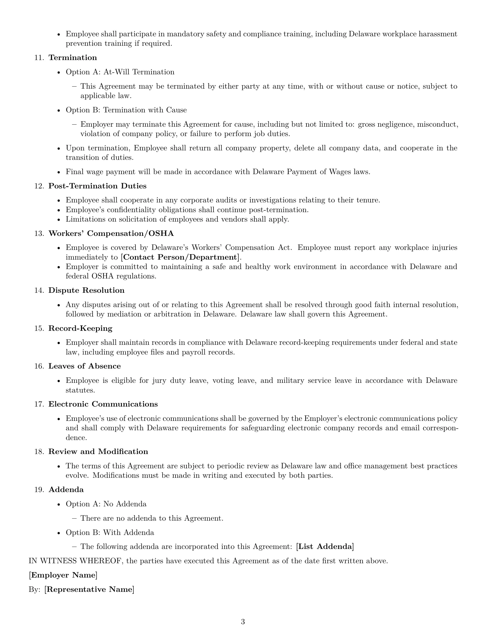 Preview page 3 of Free Delaware office manager employment contract template