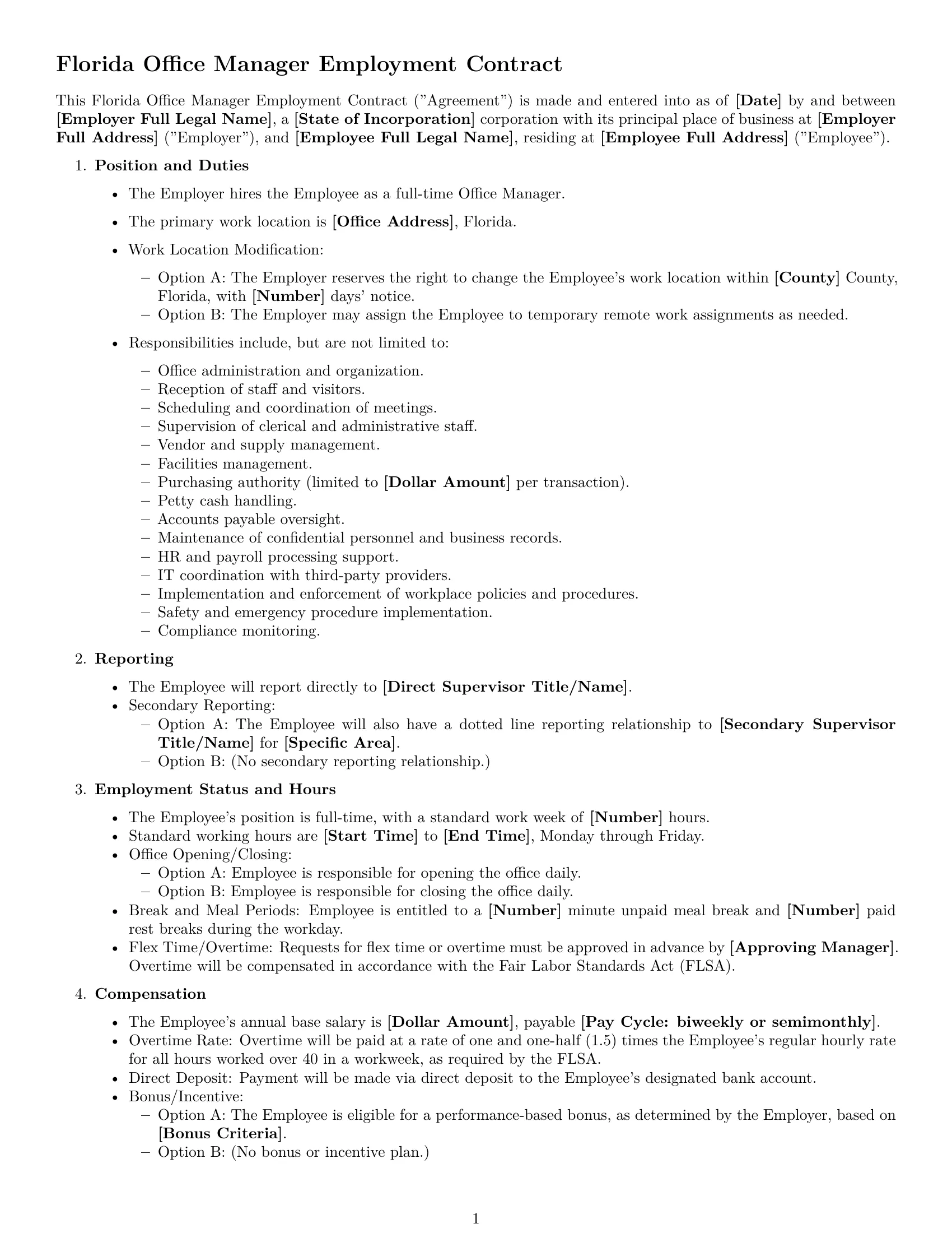 Preview page 1 of Free Florida office manager employment contract template