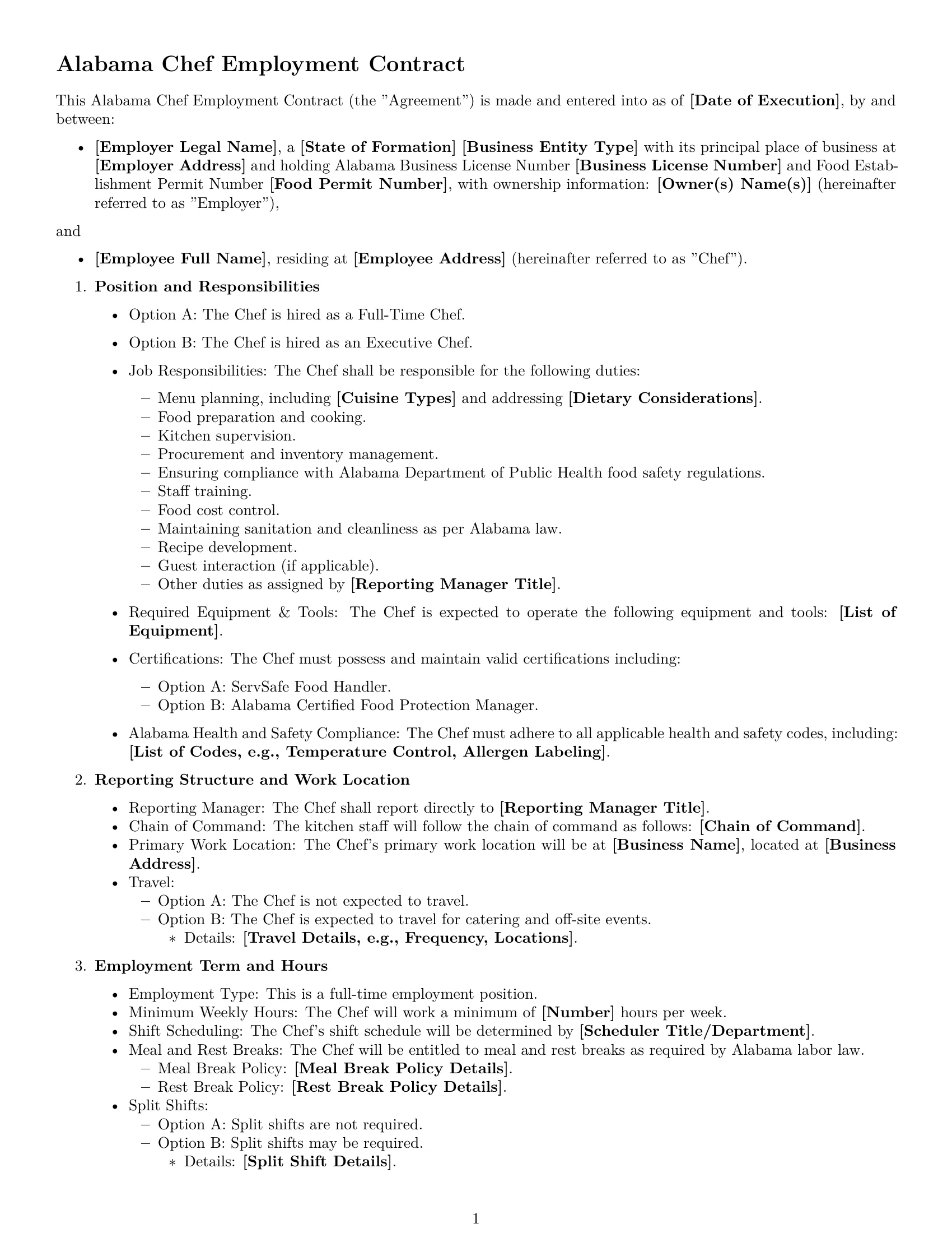 Preview page 1 of Free Alabama chef employment contract template