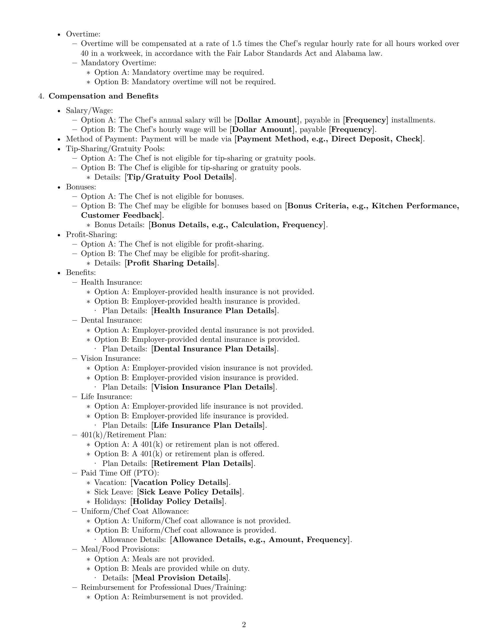 Preview page 2 of Free Alabama chef employment contract template