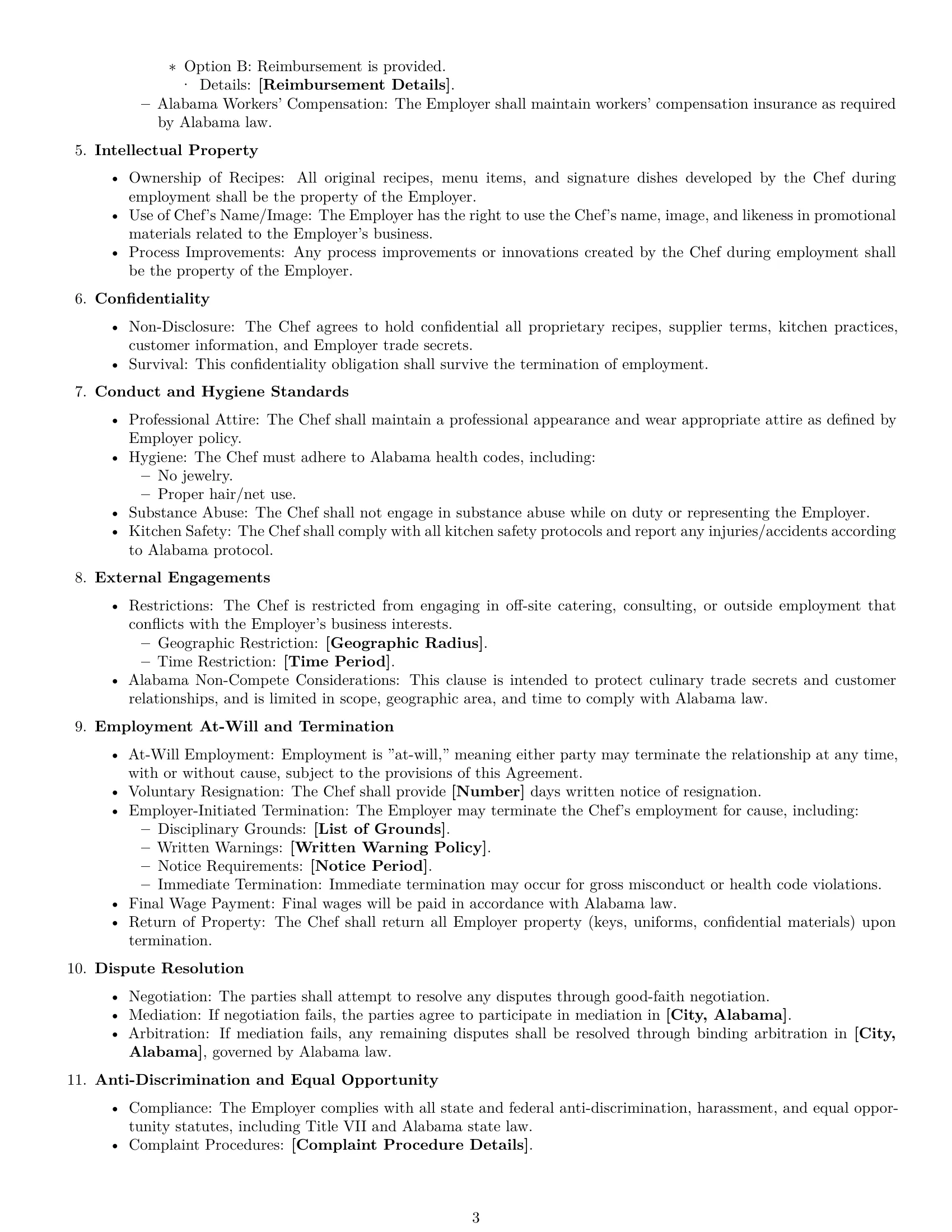 Preview page 3 of Free Alabama chef employment contract template