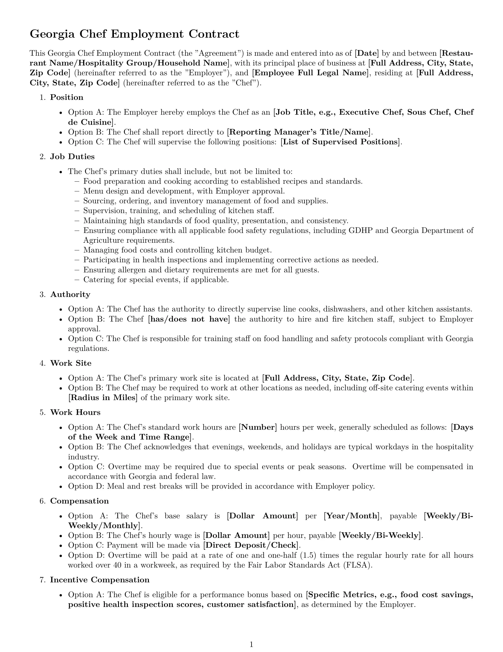 Preview page 1 of Free Georgia chef employment contract template