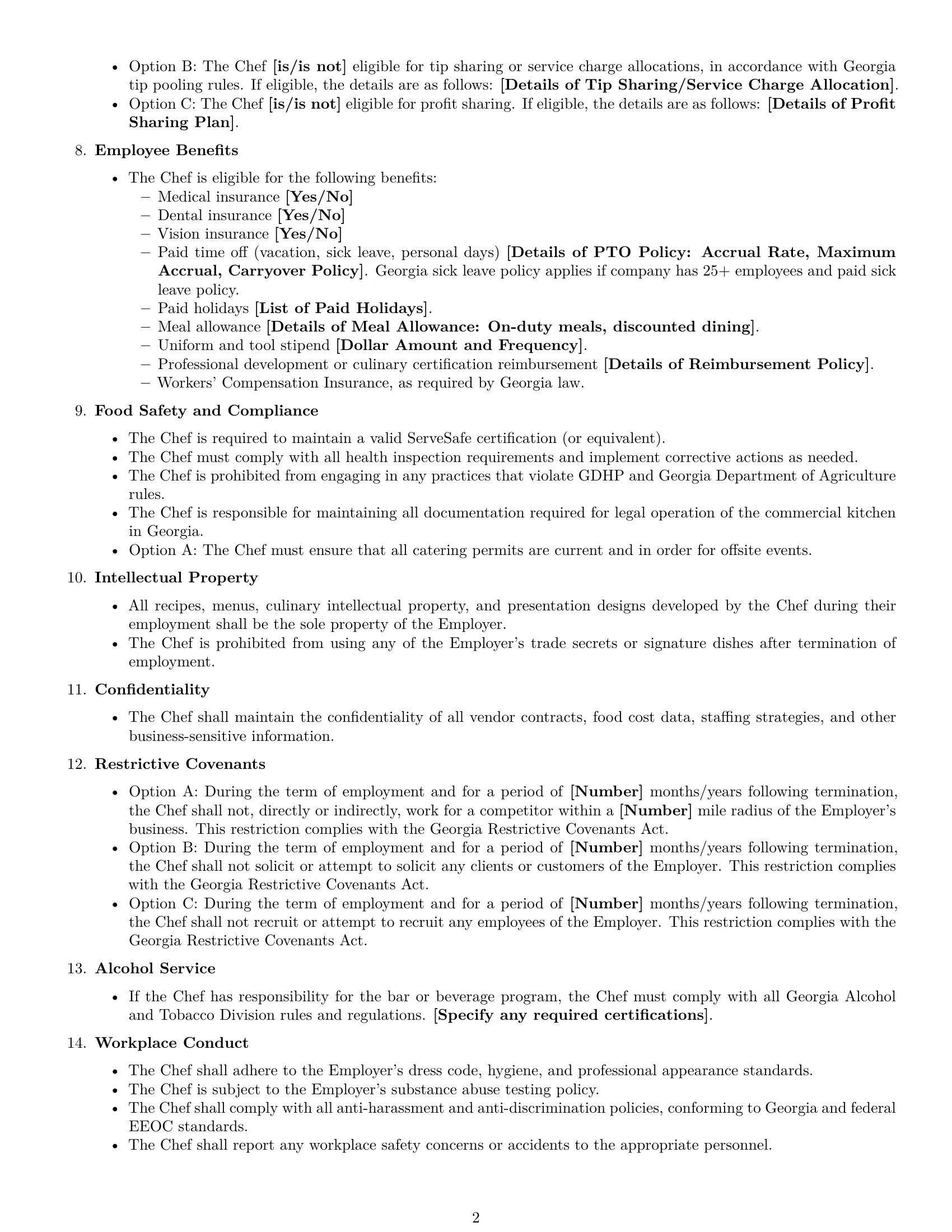 Preview page 2 of Free Georgia chef employment contract template