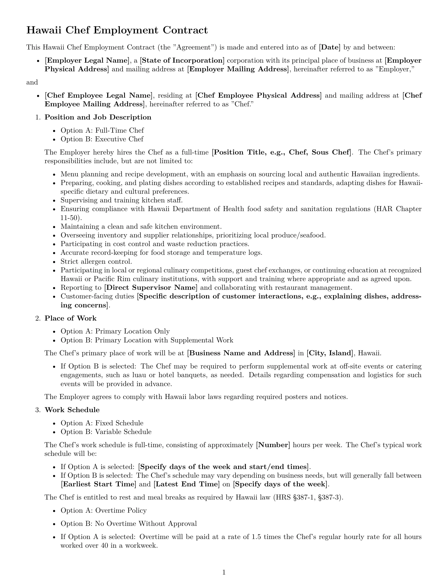 Preview page 1 of Free Hawaii chef employment contract template
