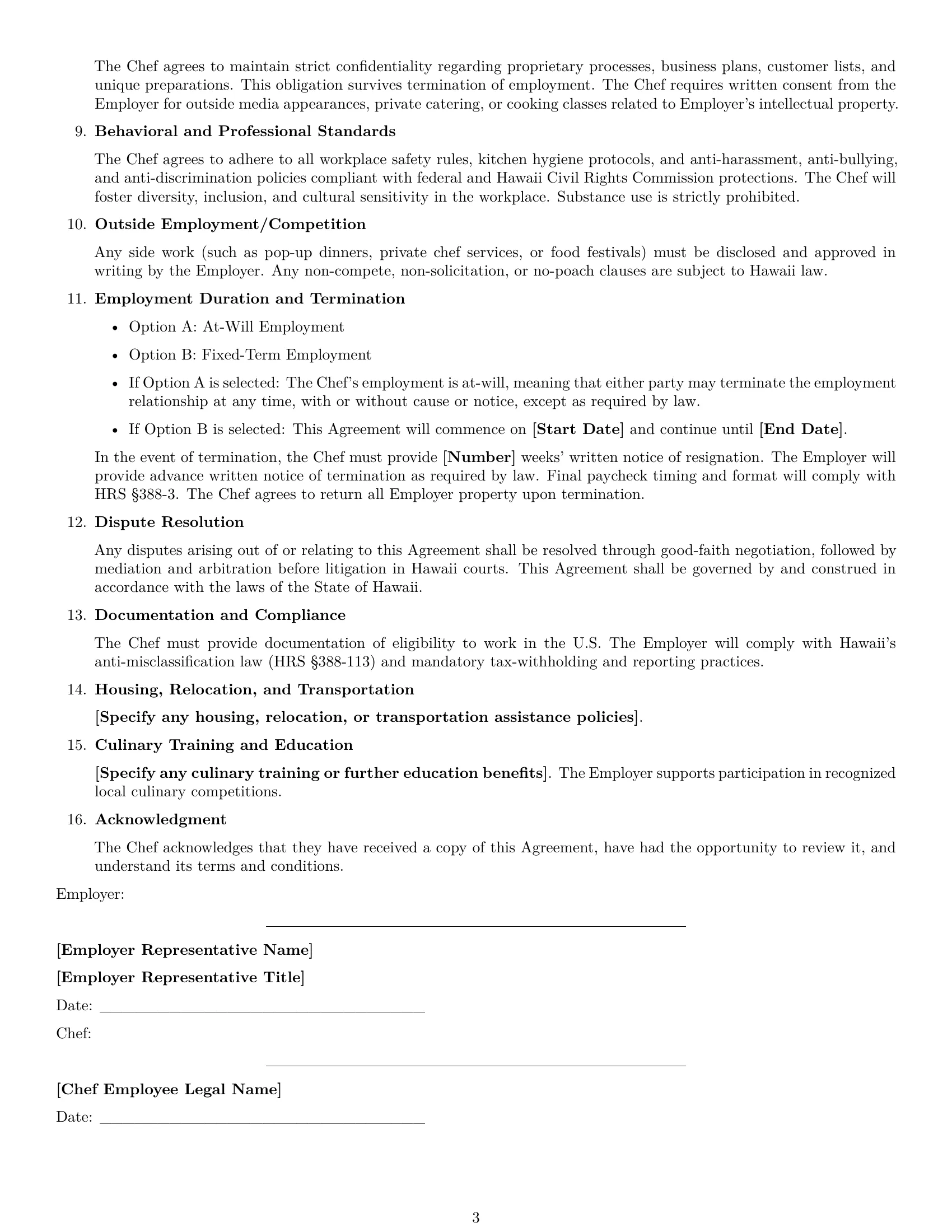 Preview page 3 of Free Hawaii chef employment contract template