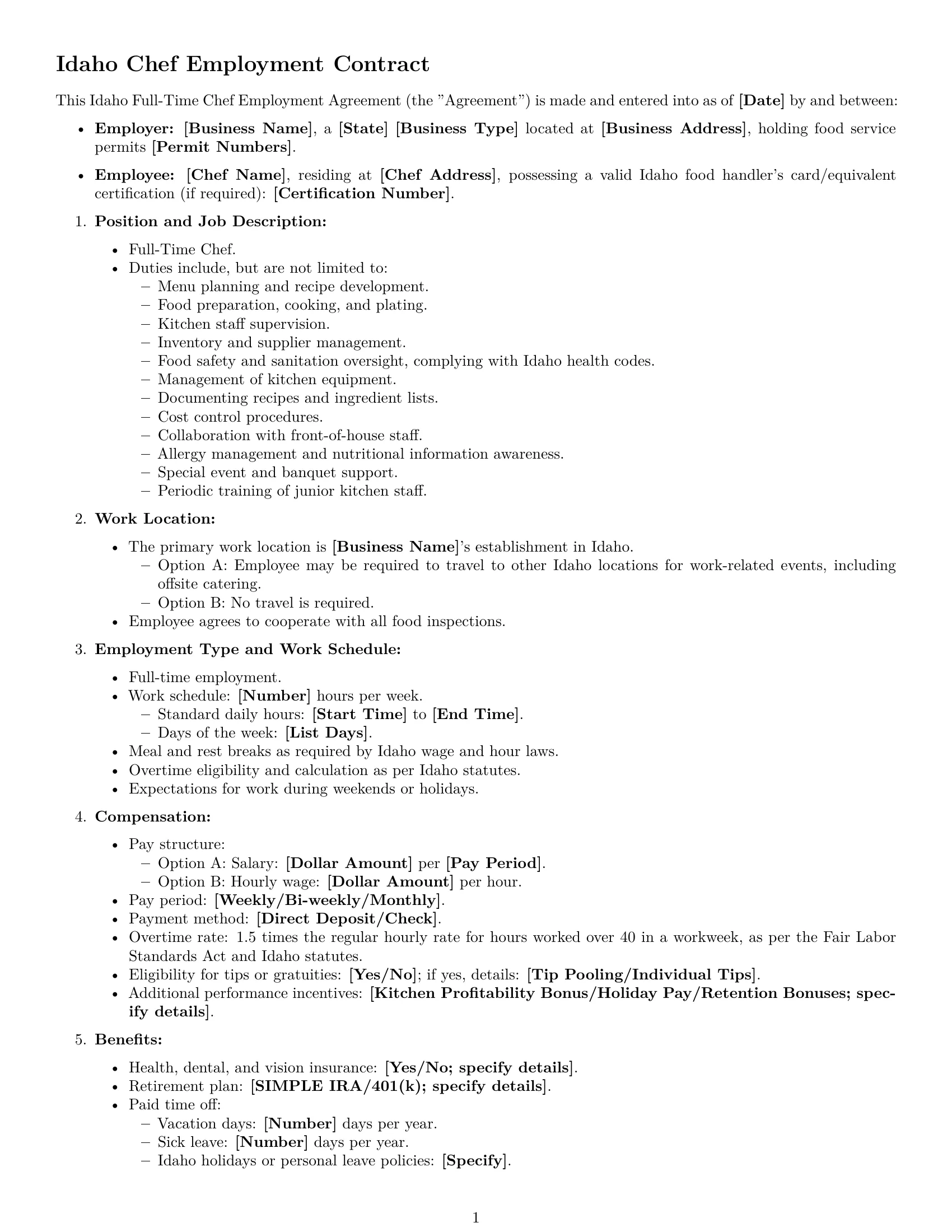 Preview page 1 of Free Idaho chef employment contract template