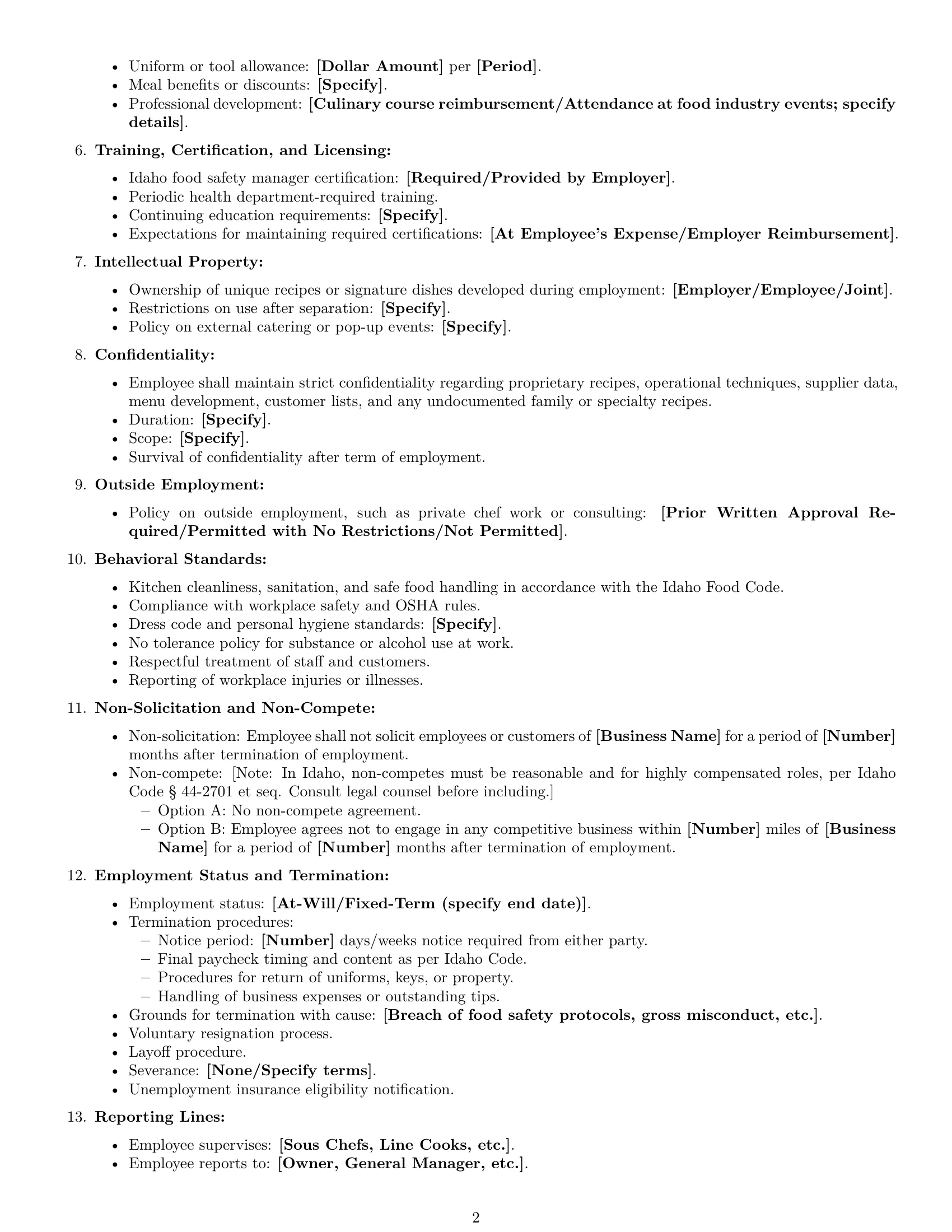 Preview page 2 of Free Idaho chef employment contract template