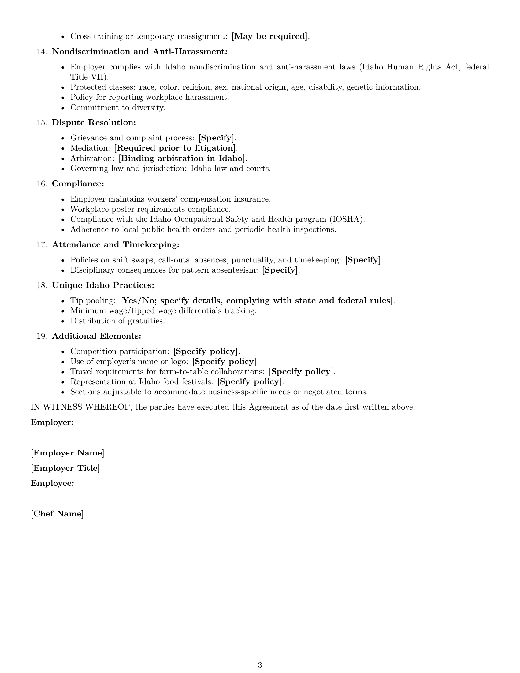 Preview page 3 of Free Idaho chef employment contract template