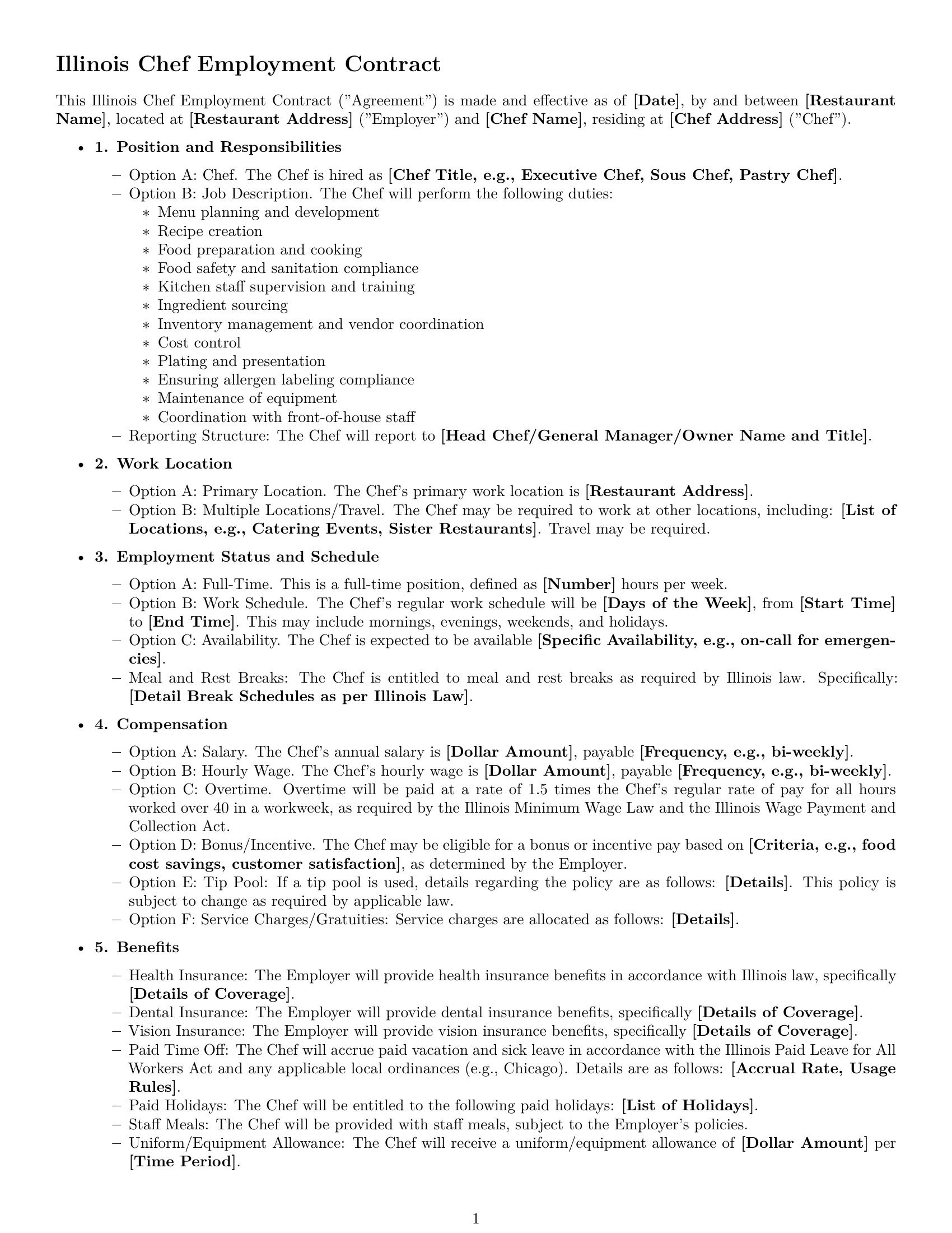 Preview page 1 of Free Illinois chef employment contract template