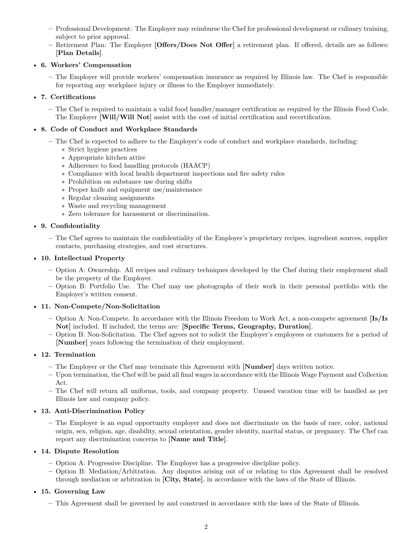 Preview page 2 of Free Illinois chef employment contract template