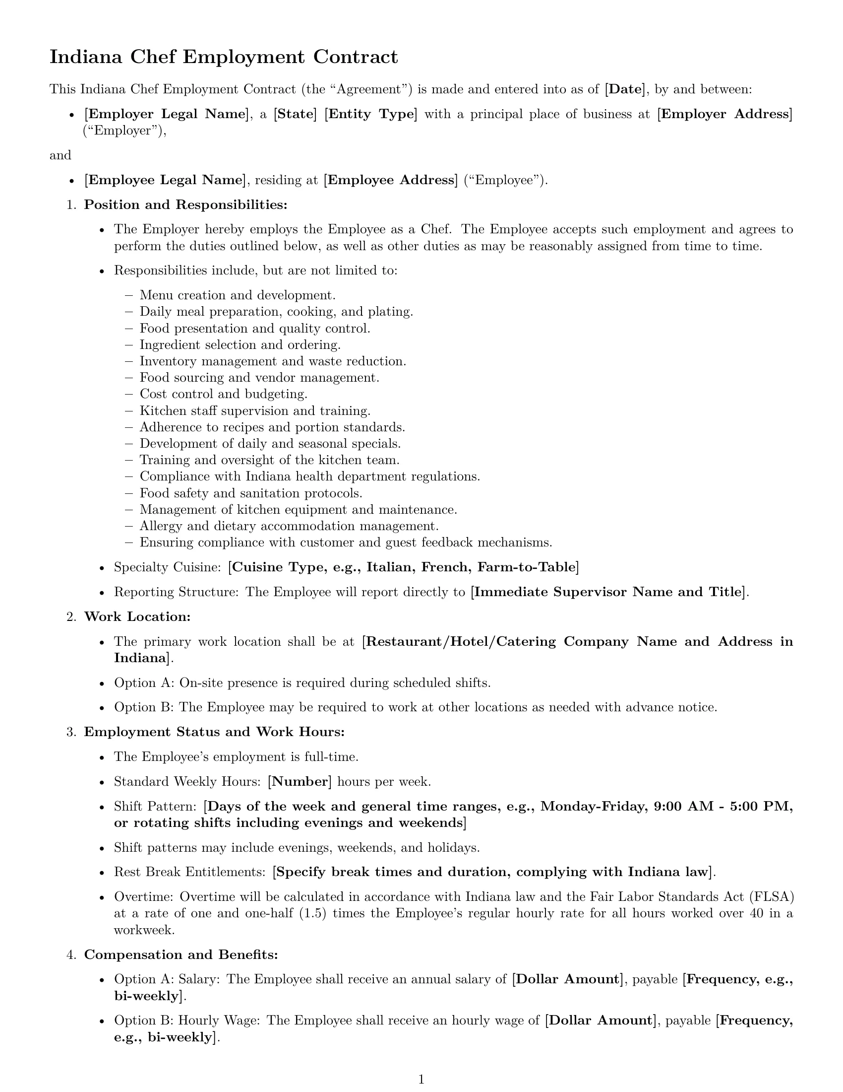 Preview page 1 of Free Indiana chef employment contract template