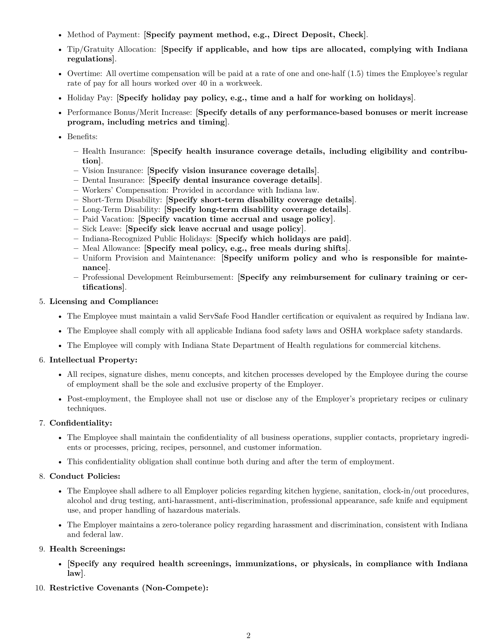 Preview page 2 of Free Indiana chef employment contract template