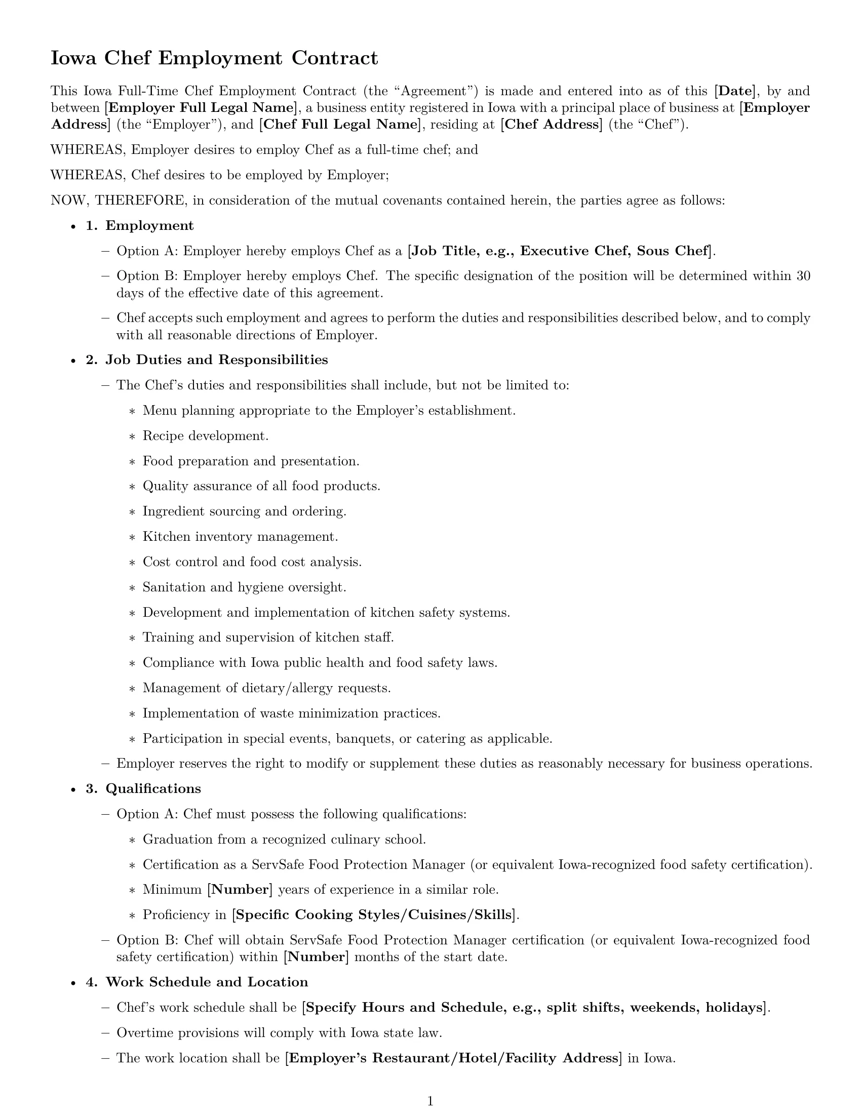 Preview page 1 of Free Iowa chef employment contract template