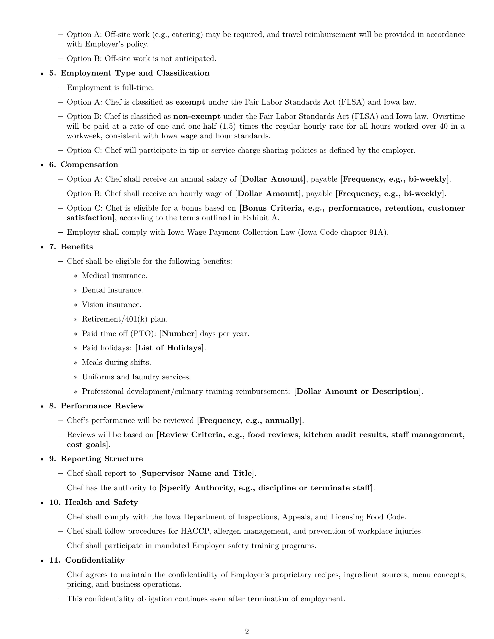 Preview page 2 of Free Iowa chef employment contract template