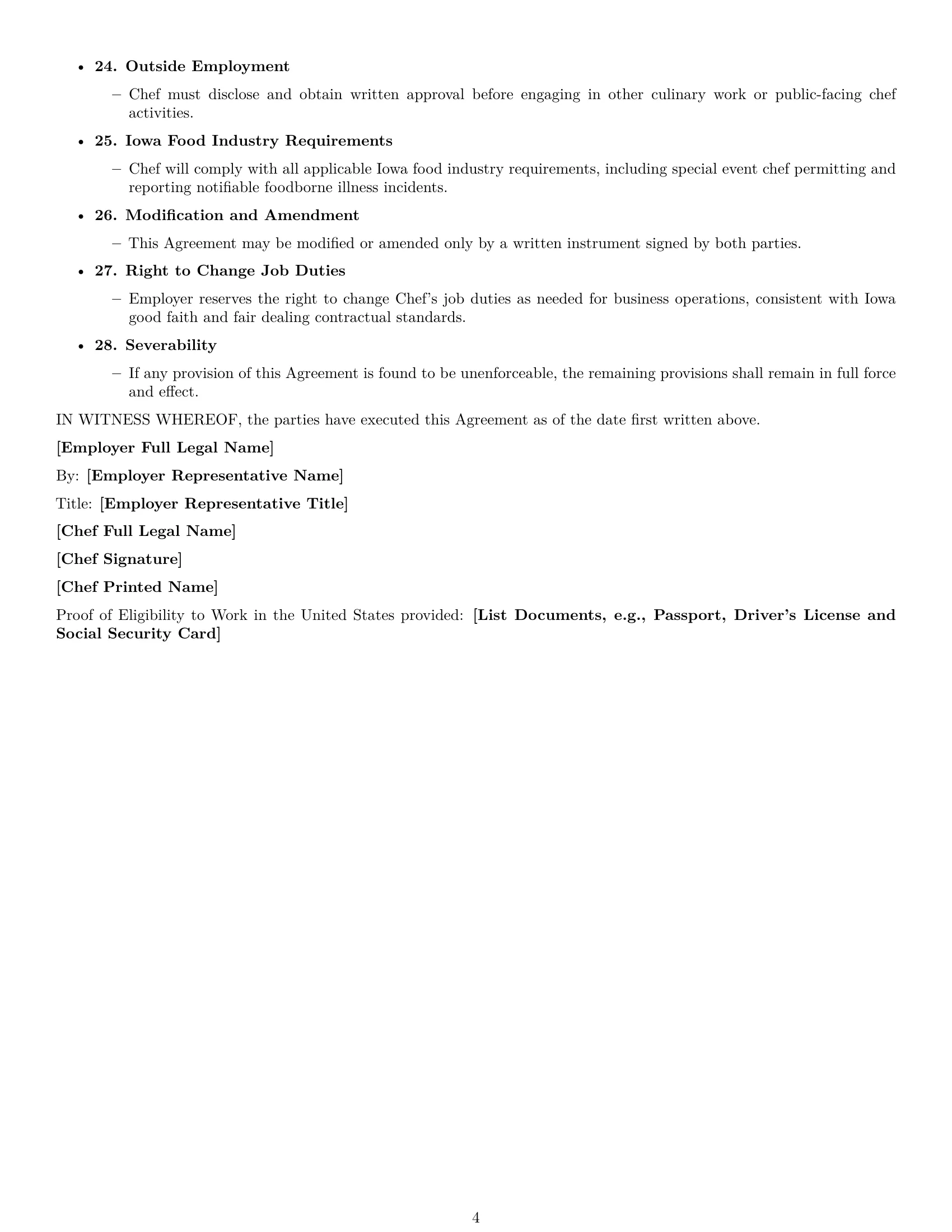 Preview page 4 of Free Iowa chef employment contract template