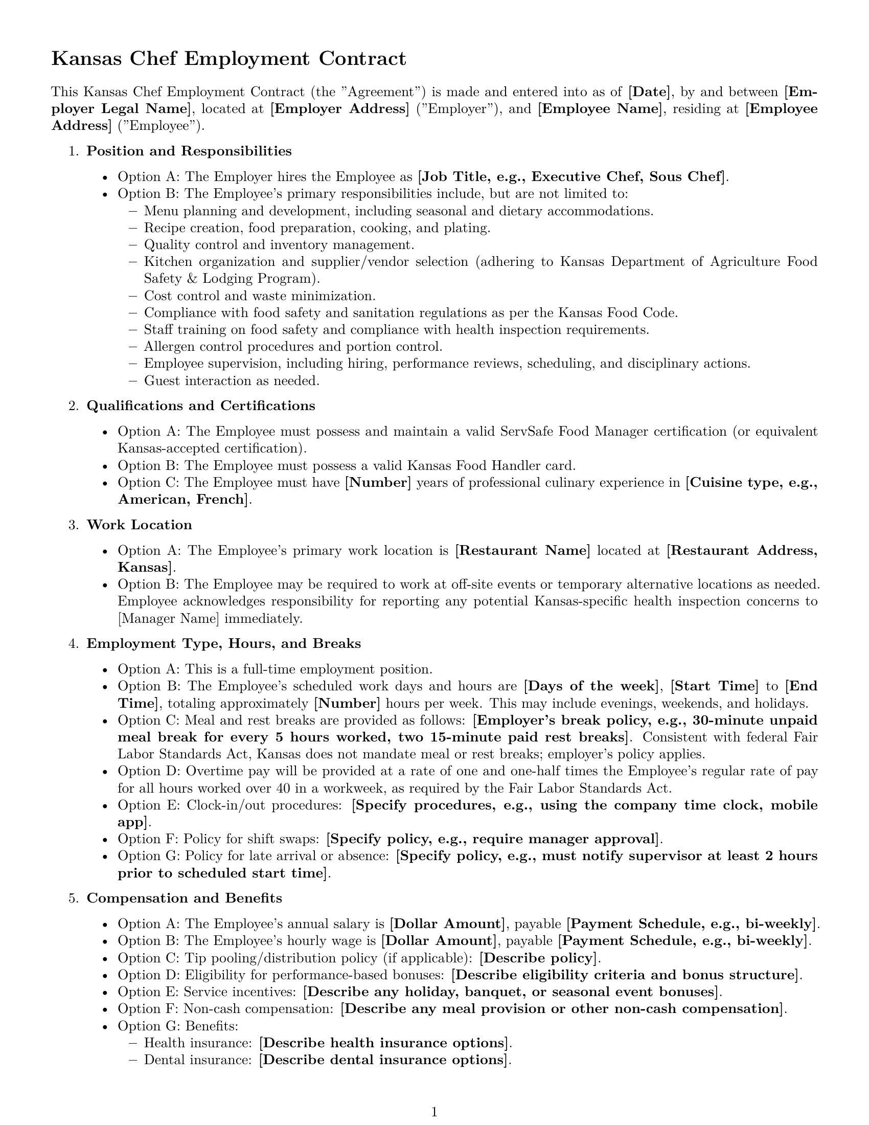 Preview page 1 of Free Kansas chef employment contract template