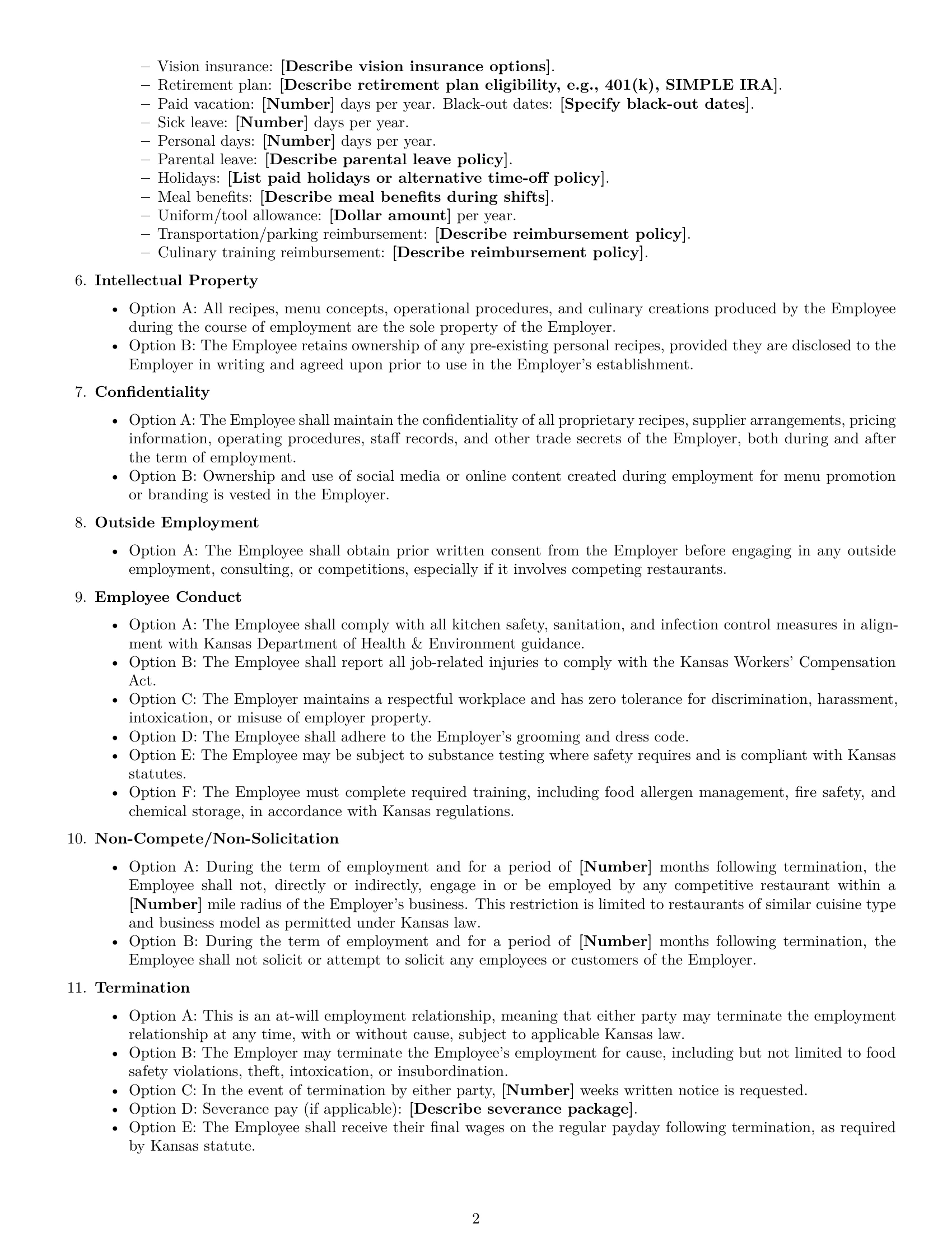 Preview page 2 of Free Kansas chef employment contract template