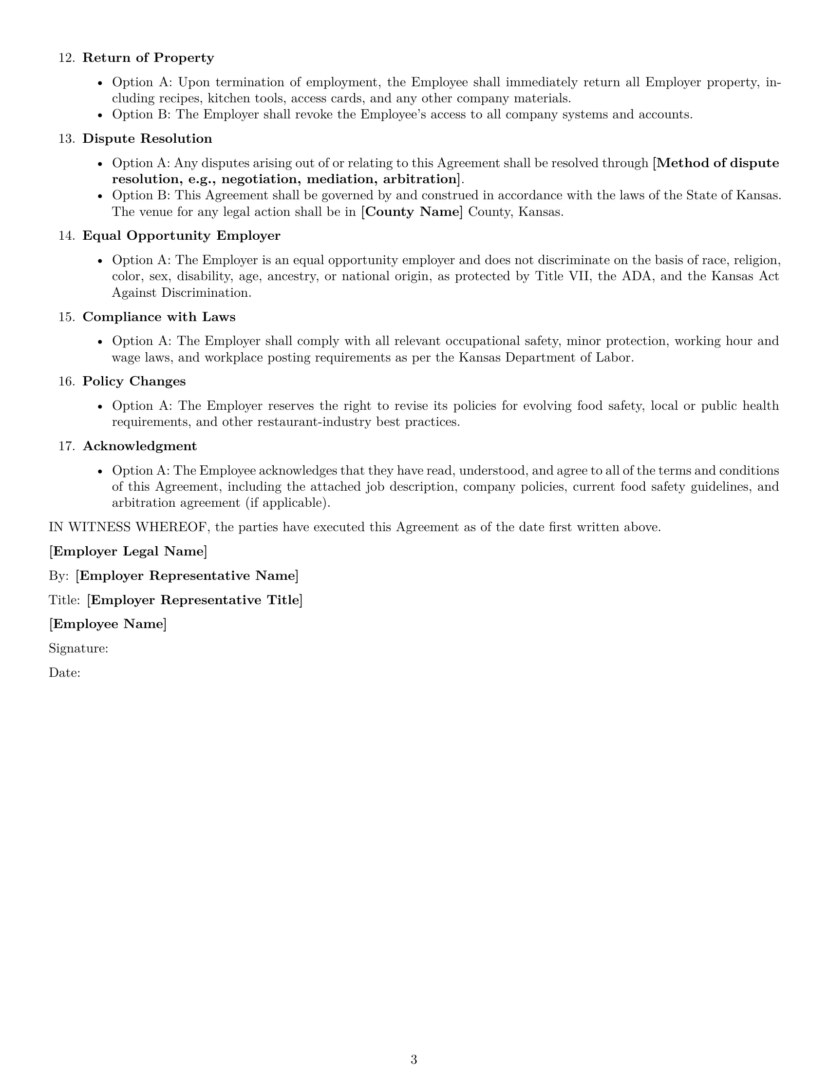 Preview page 3 of Free Kansas chef employment contract template