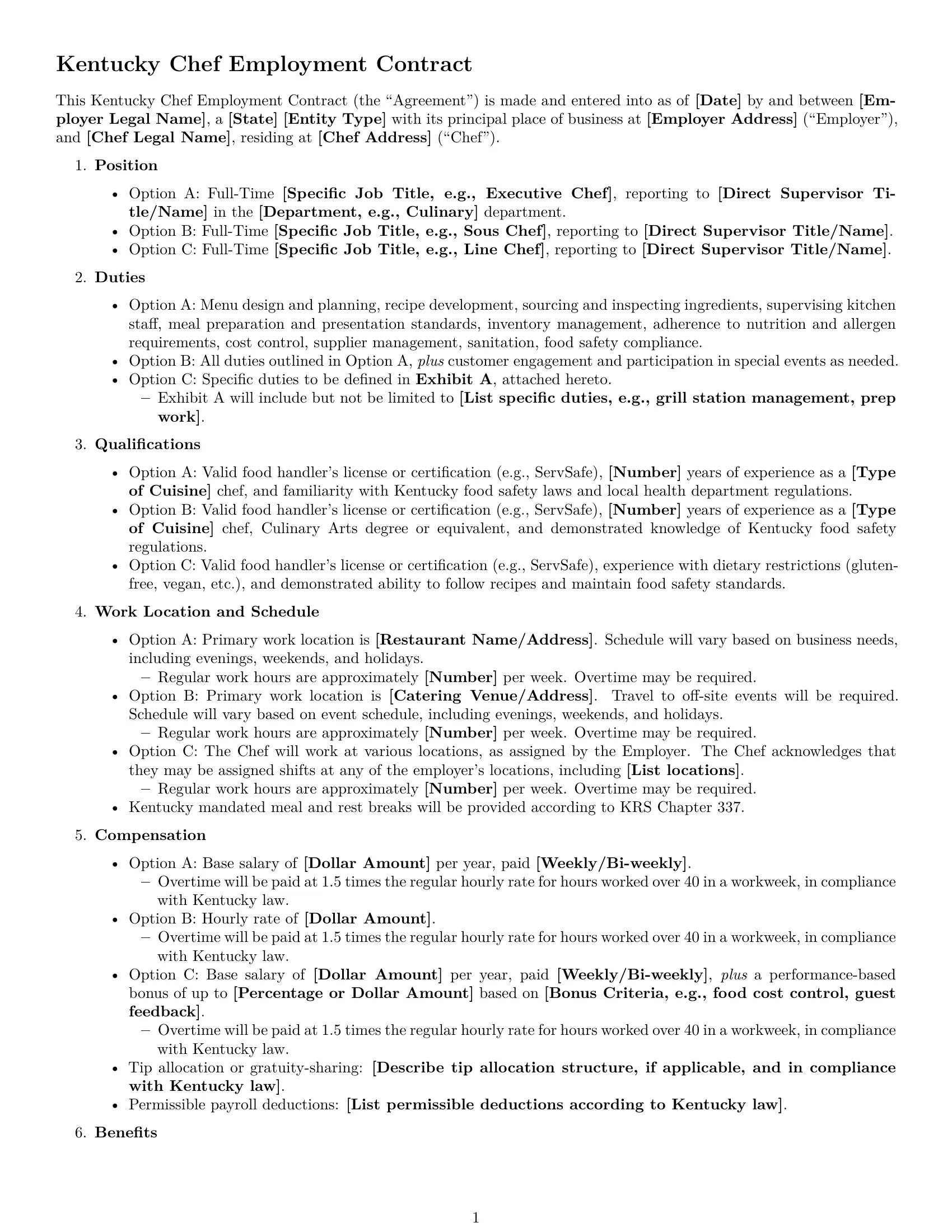 Preview page 1 of Free Kentucky chef employment contract template